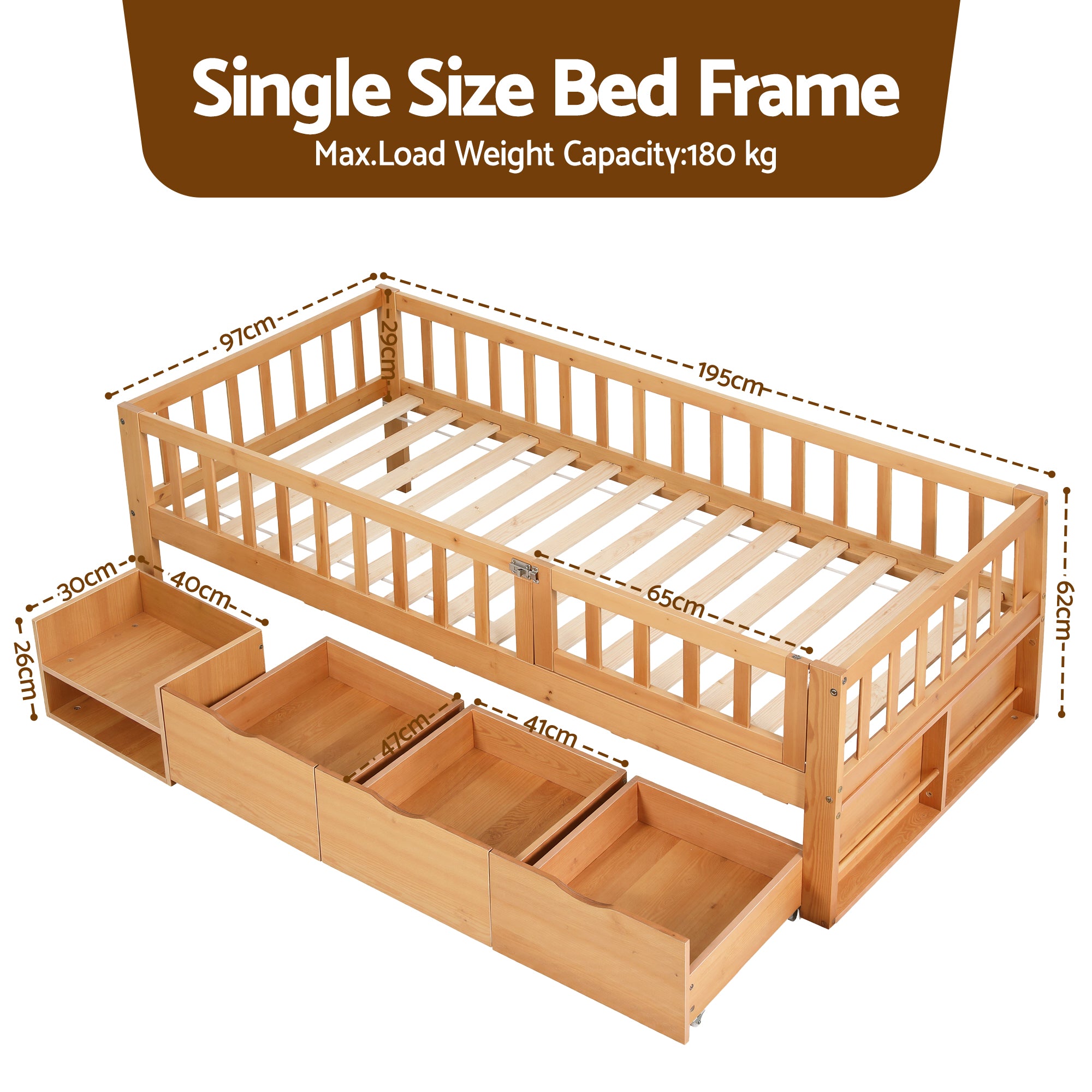 Single Package | Archer Kids Montessori Storage Bed with 3 Drawers & Glay Bonnell Spring Mattress (Medium Firm)