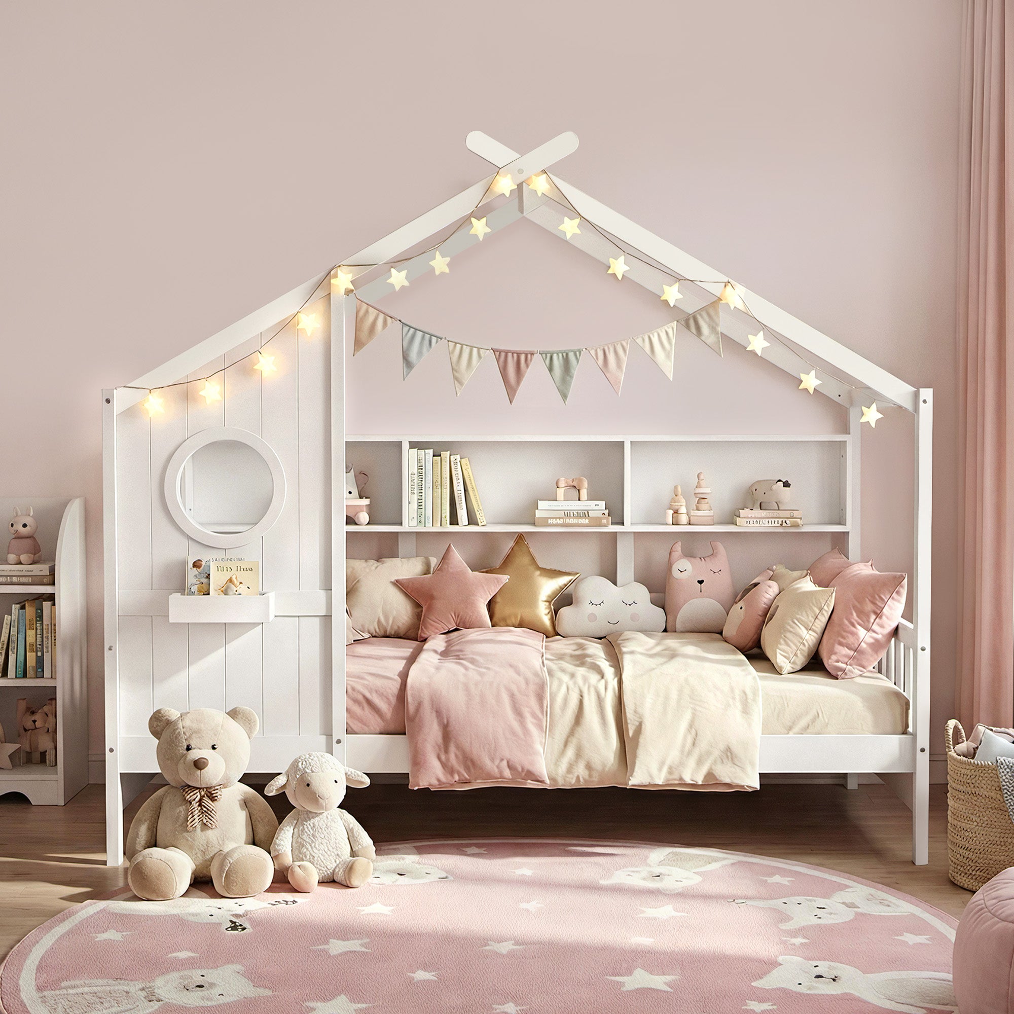 Maison Single Kids Montessori House Bed with Bookcase – White