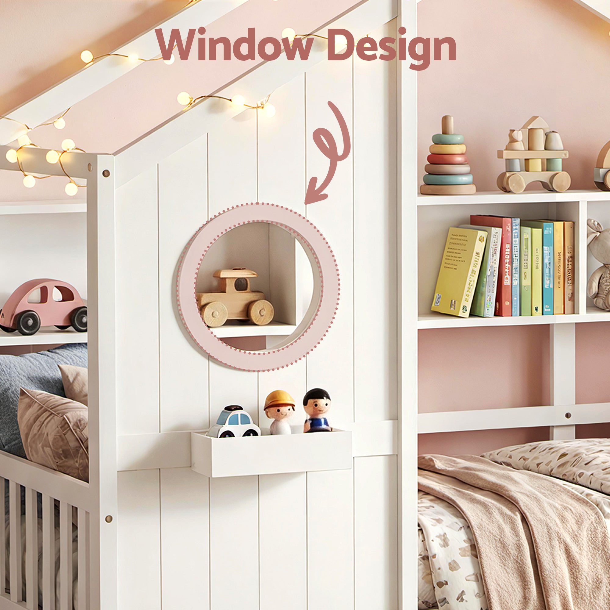 Maison Single Kids Montessori House Bed with Bookcase – White