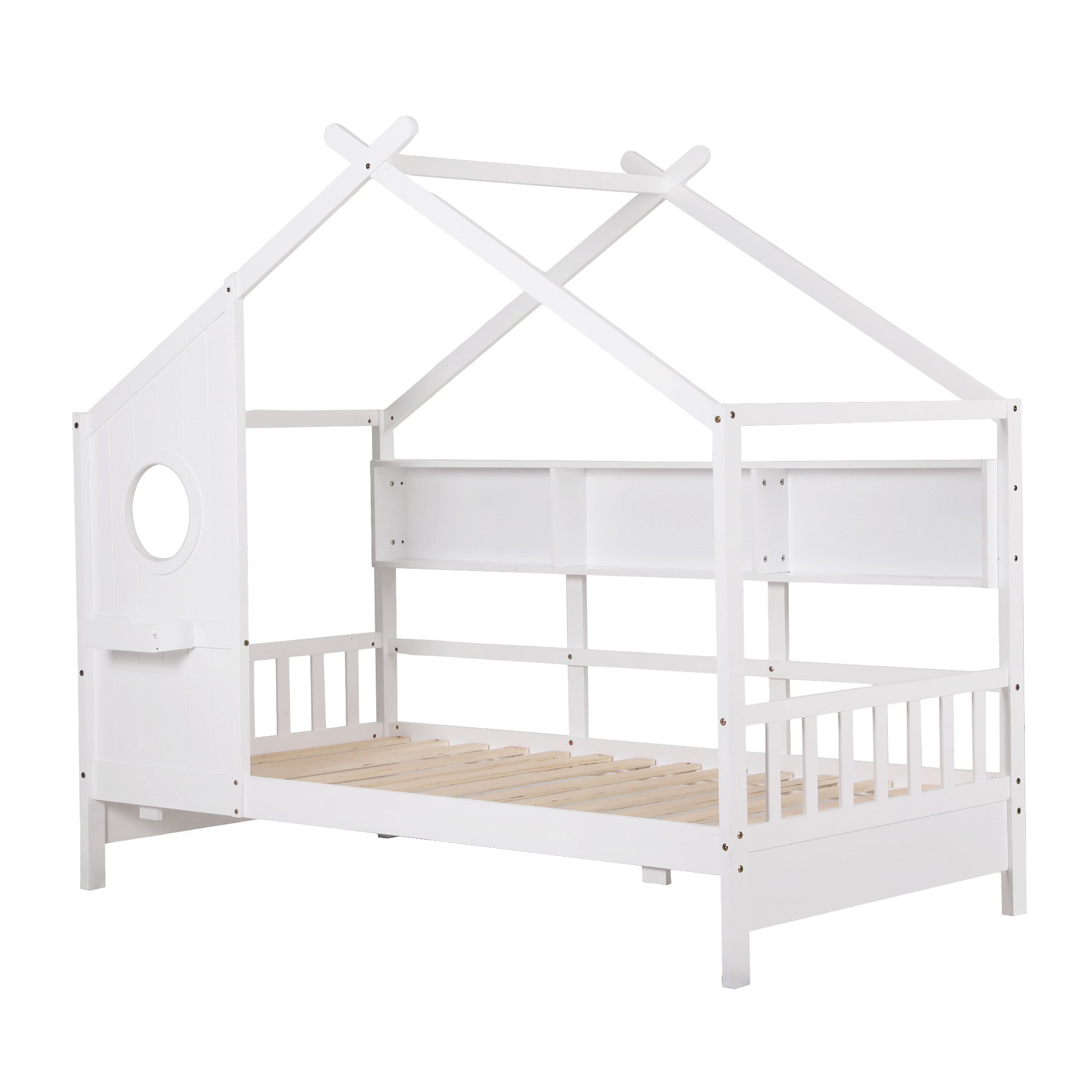 Maison Single Kids Montessori House Bed with Bookcase – White