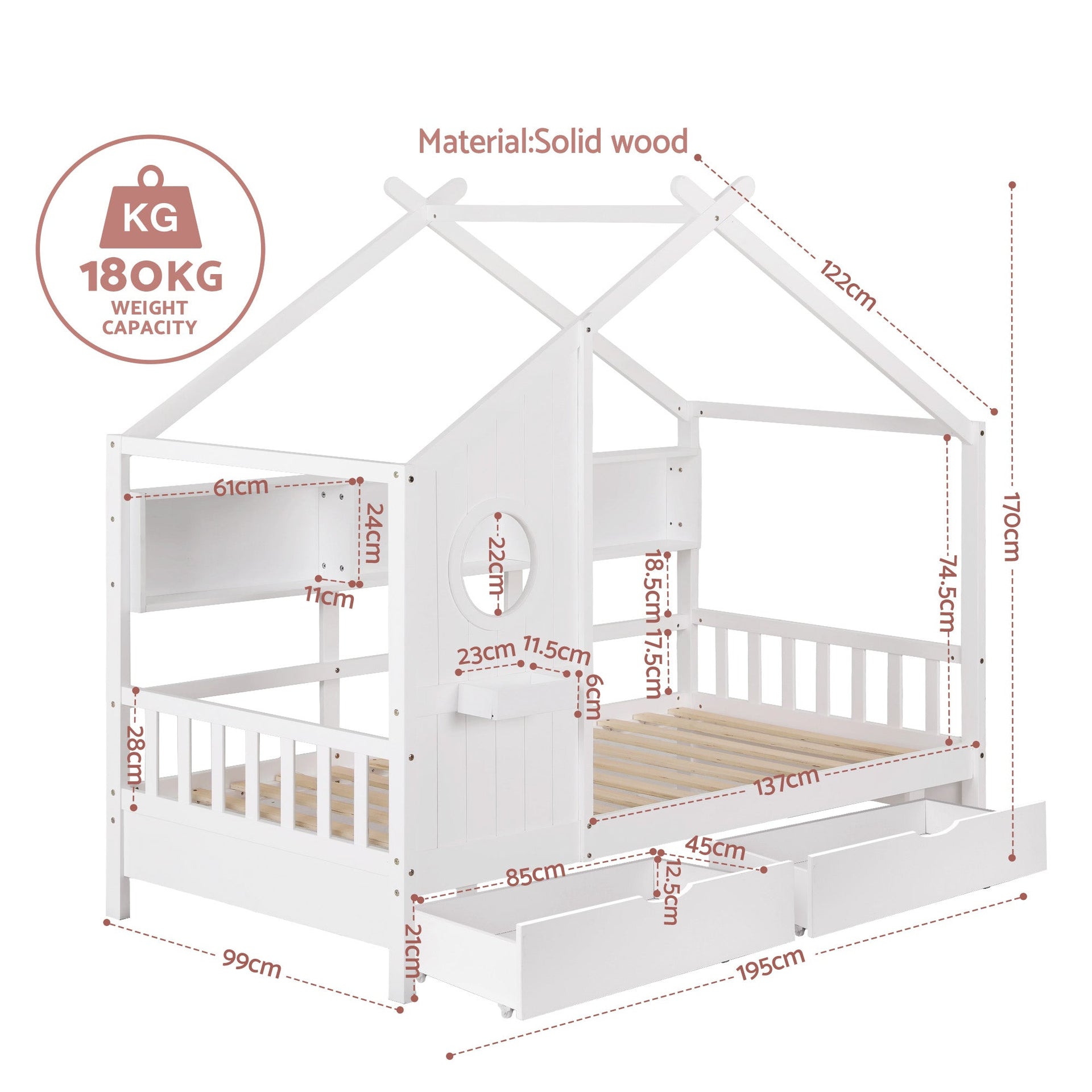 Maison Single Kids Montessori House Bed with Bookcase & Storage Drawers – White