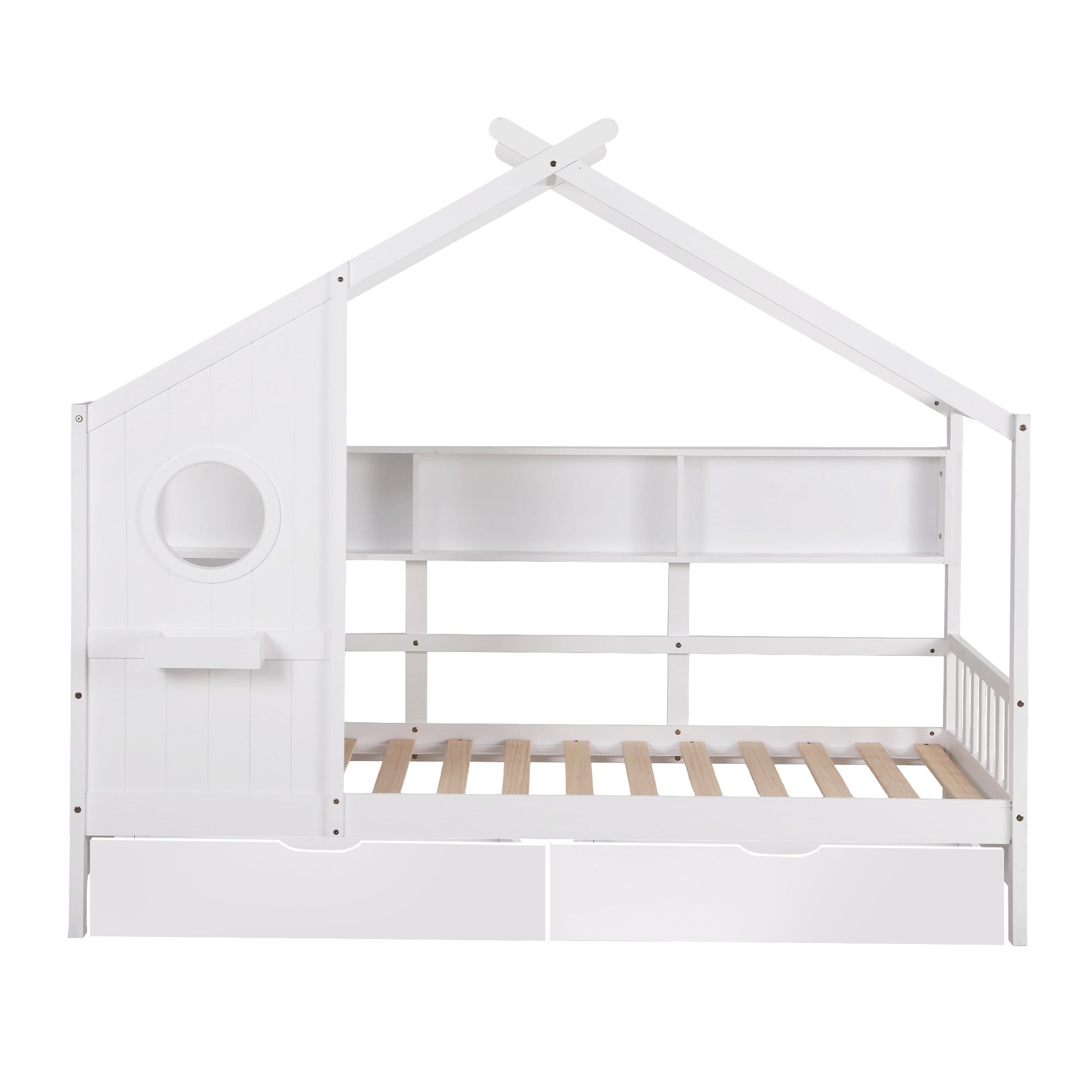 Maison Single Kids Montessori House Bed with Bookcase & Storage Drawers – White