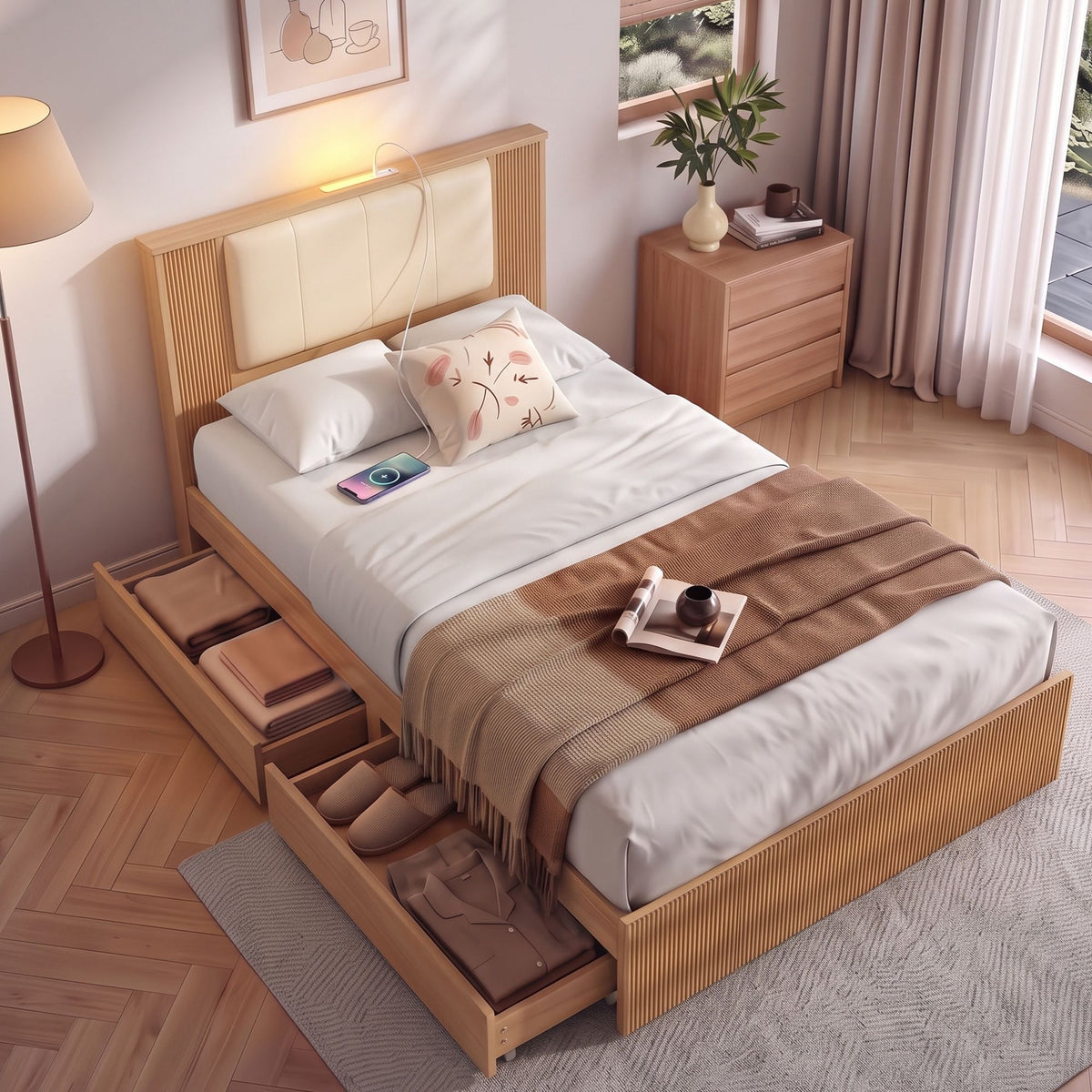 King Single Bed Frame with 2 Drawers, PU Leather Headboard & Charging Station - Natural and Cream