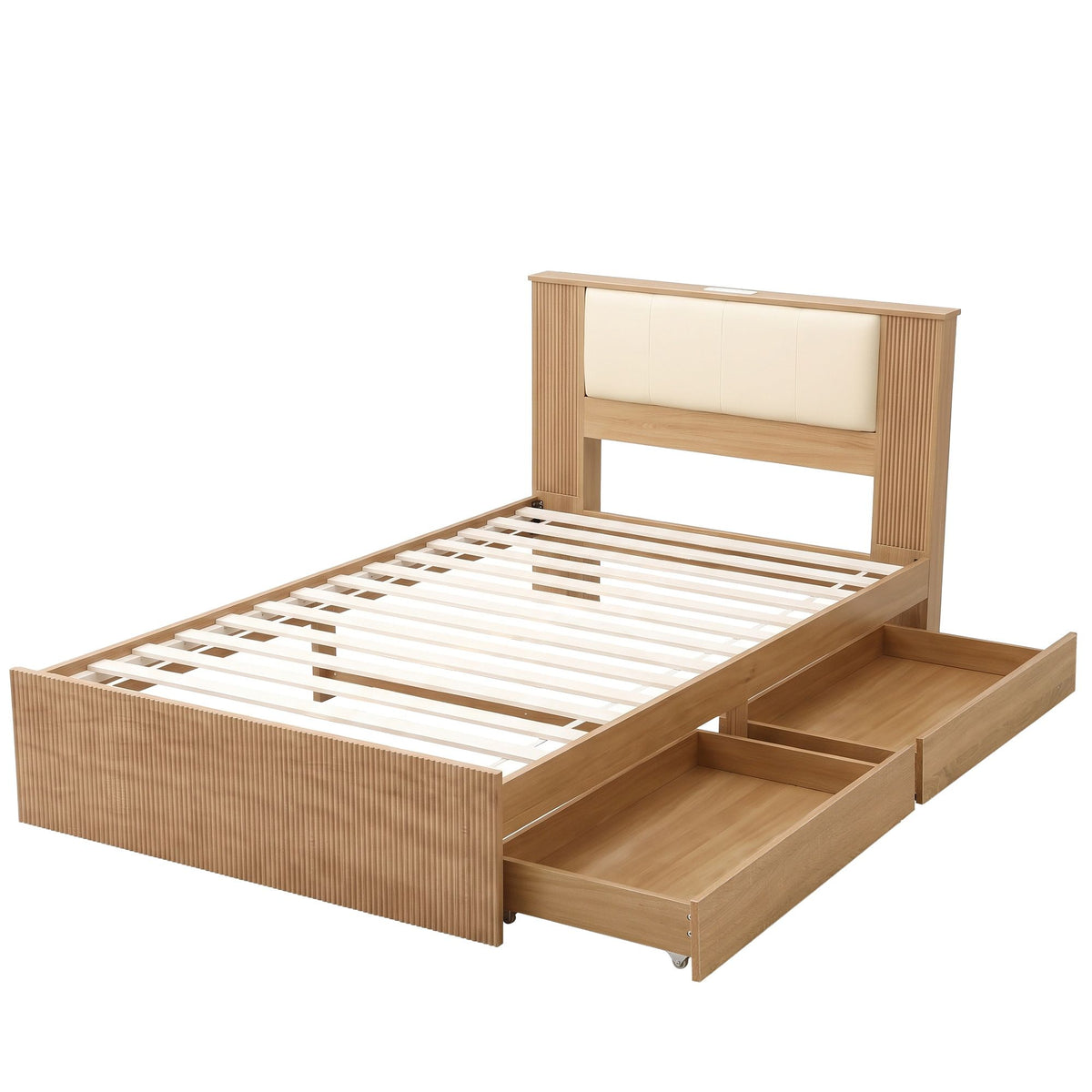 King Single Bed Frame with 2 Drawers, PU Leather Headboard & Charging Station - Natural and Cream