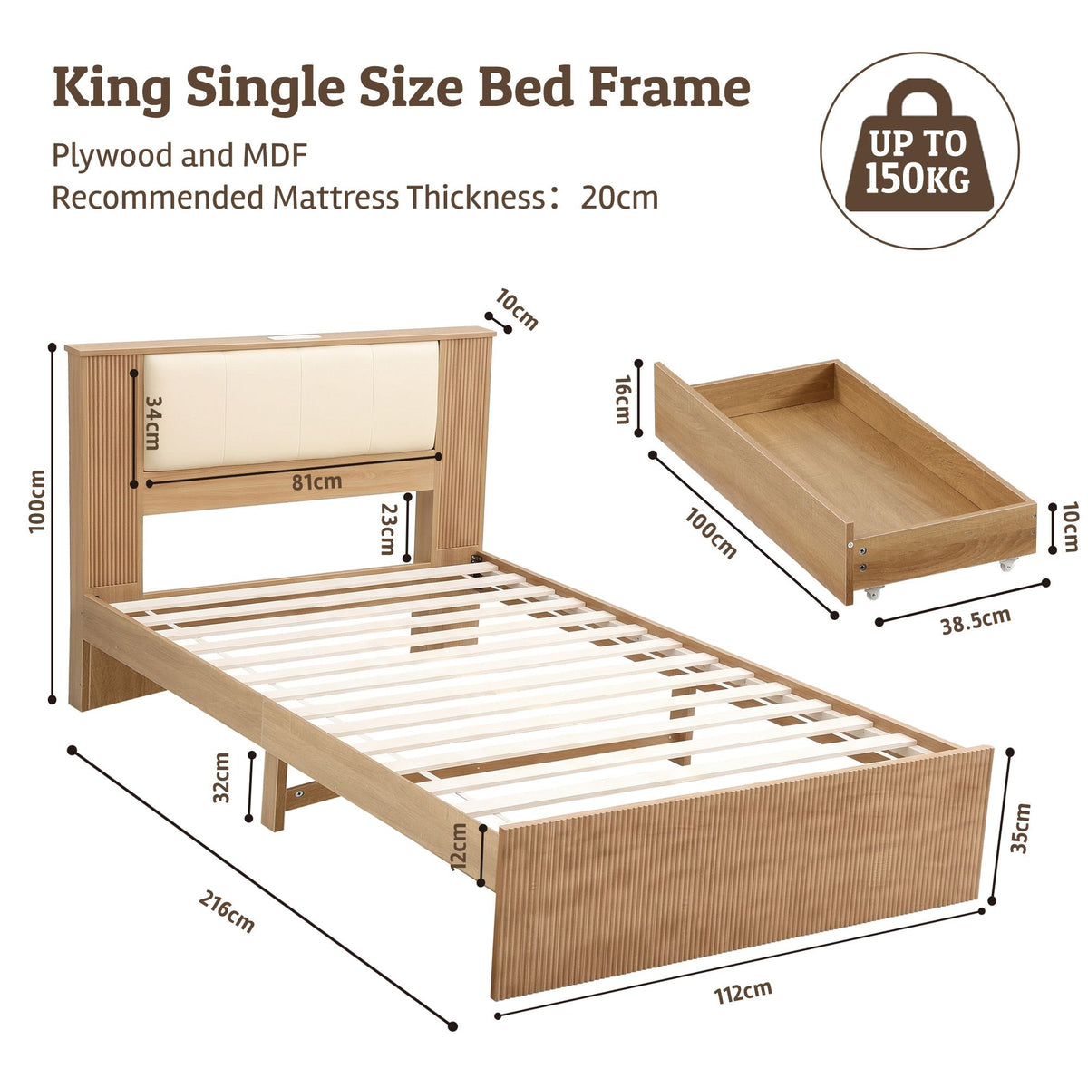 King Single Bed Frame with 2 Drawers, PU Leather Headboard & Charging Station - Natural and Cream