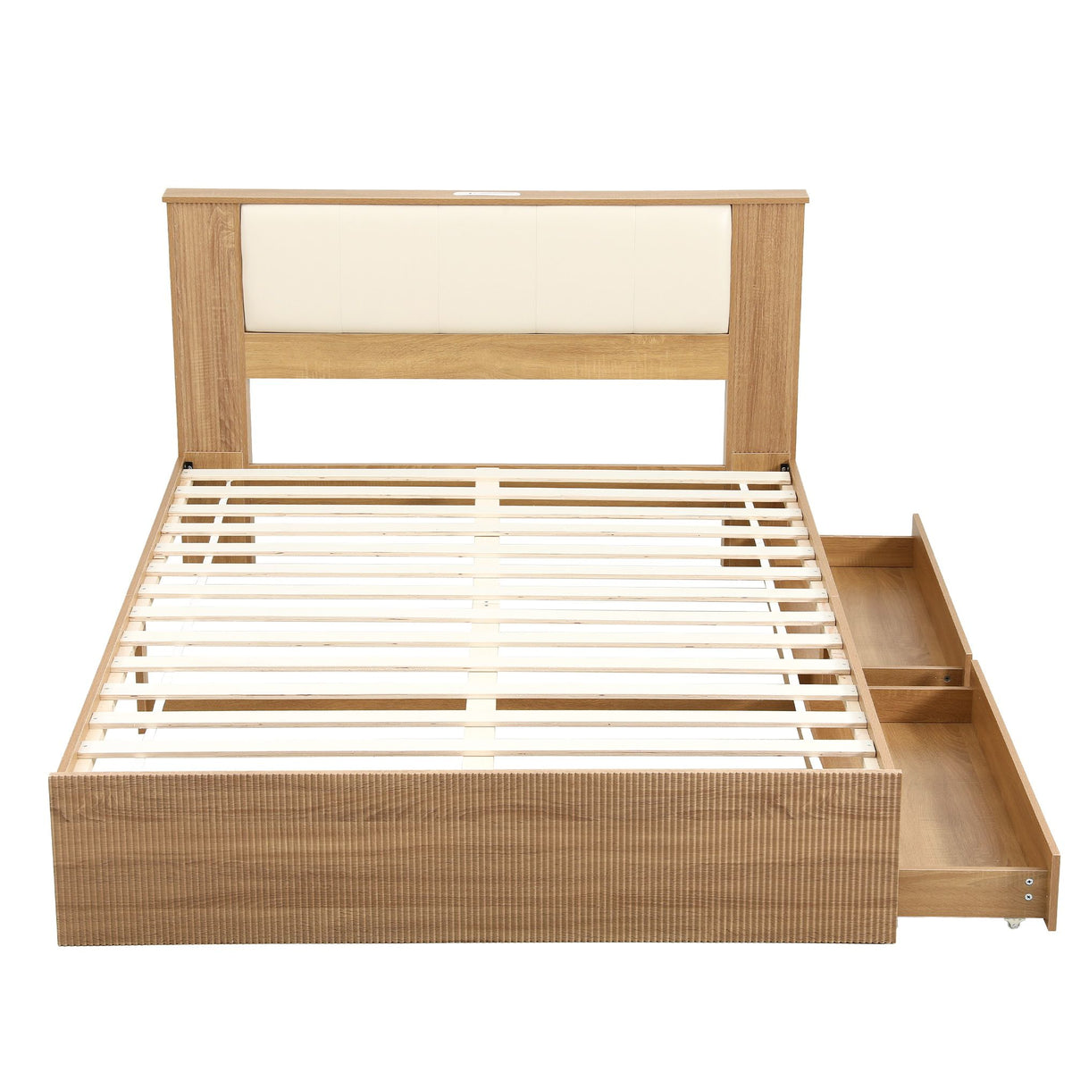 Queen Bed Frame with 2 Drawers, PU Leather Headboard & Charging Station
