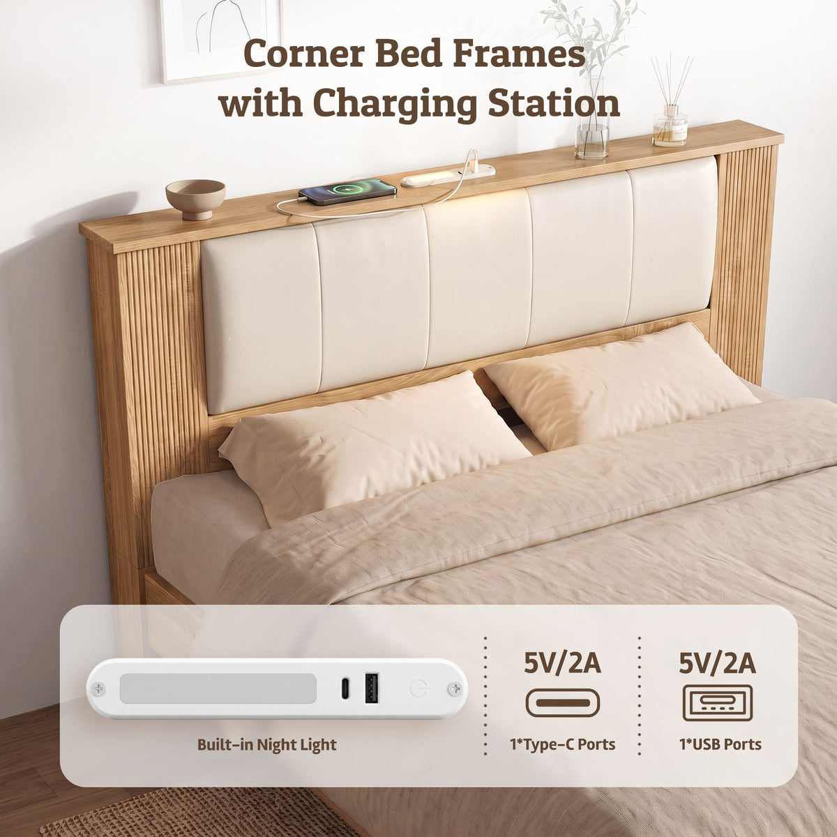 Queen Bed Frame with 2 Drawers, PU Leather Headboard & Charging Station