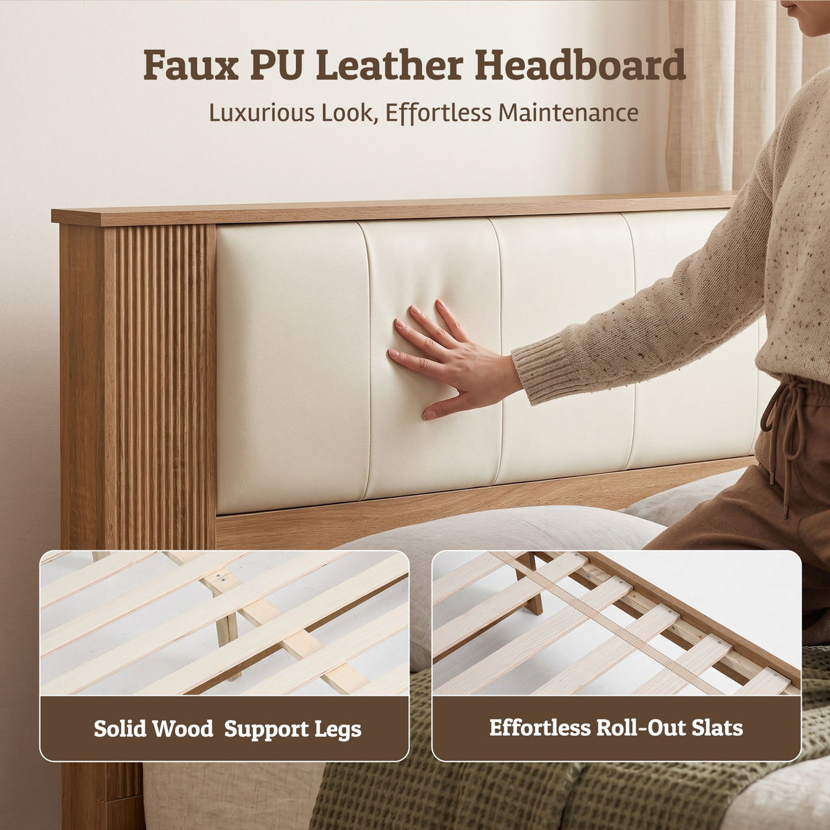Queen Bed Frame with 2 Drawers, PU Leather Headboard & Charging Station