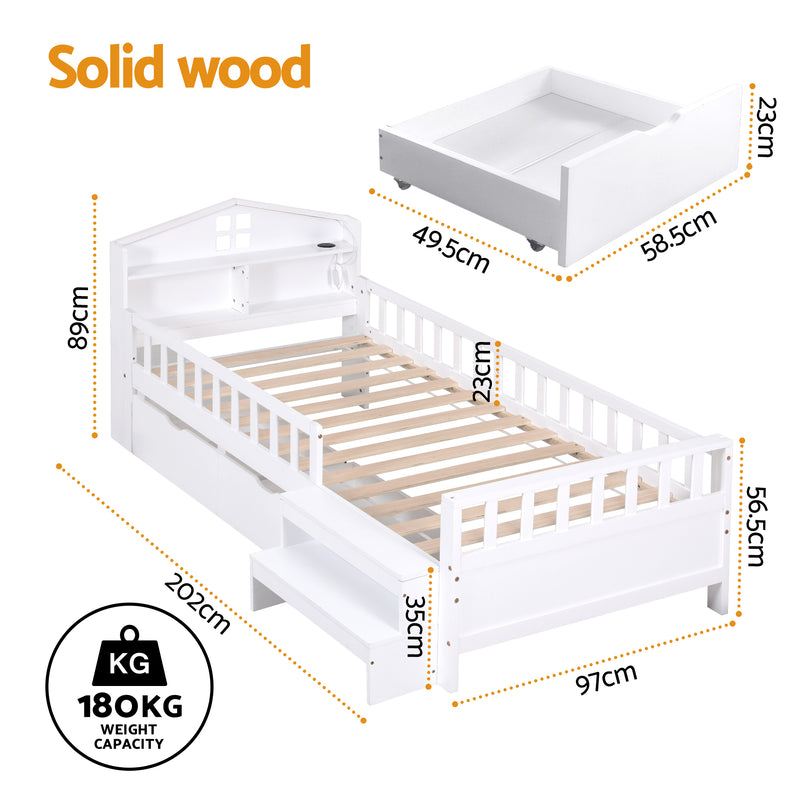 Montessori Single House Bed Frame with Safety Rail, Storage Drawers, LED Lights and USB - White-7