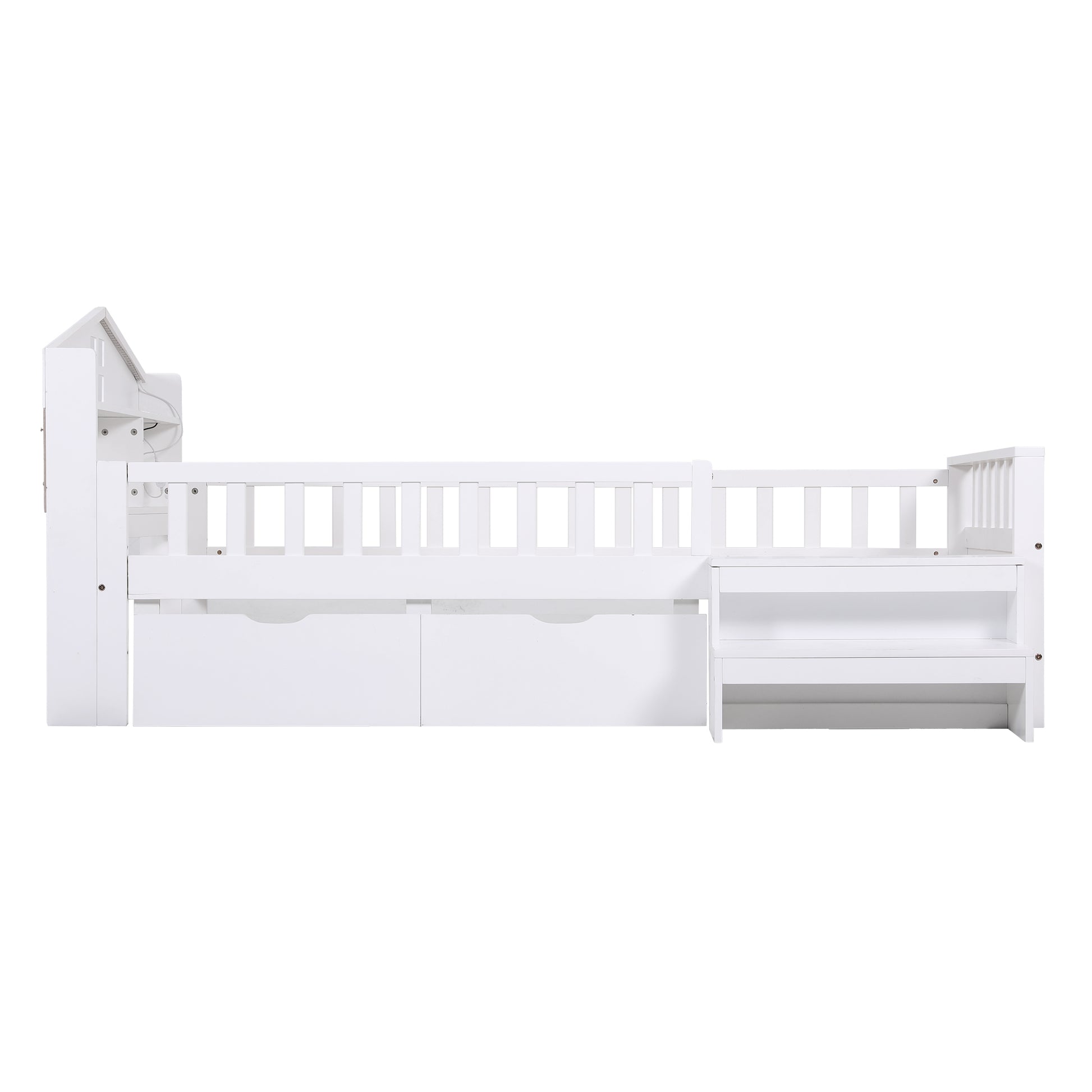 Montessori Single House Bed Frame with Safety Rail, Storage Drawers, LED Lights and USB - White-8