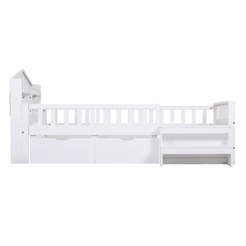 Montessori Single House Bed Frame with Safety Rail, Storage Drawers, LED Lights and USB - White-8