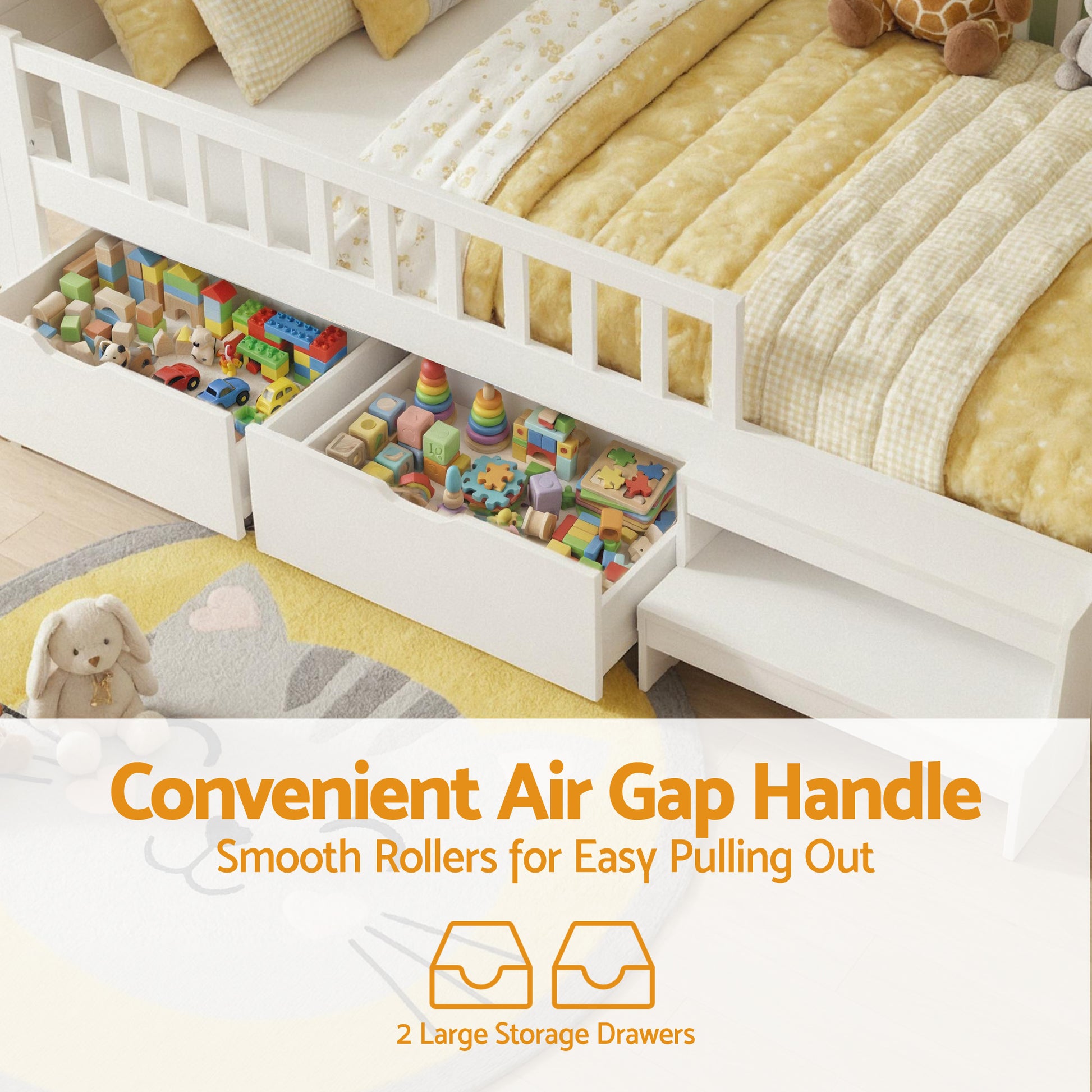 Montessori Single House Bed Frame with Safety Rail, Storage Drawers, LED Lights and USB - White-5