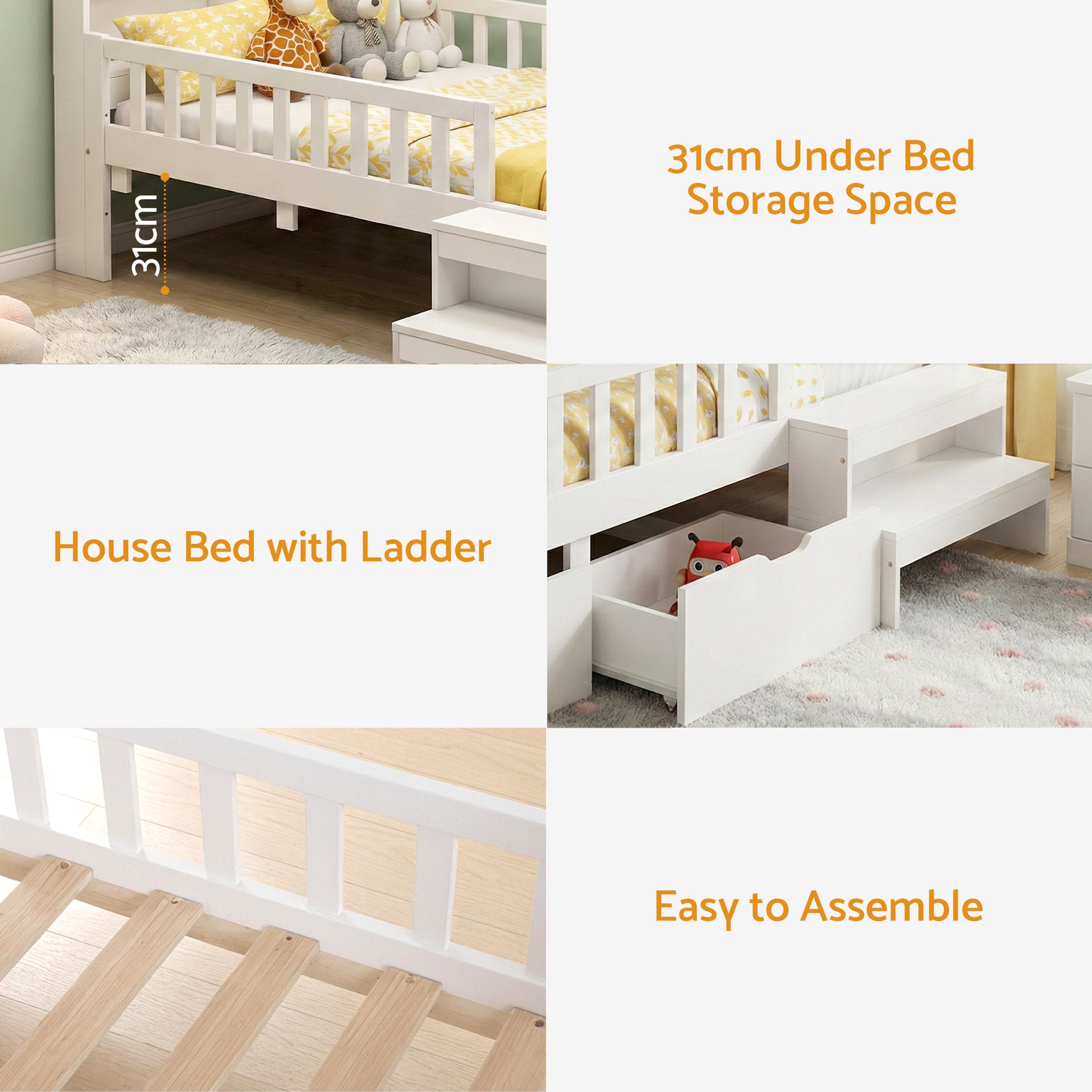 Montessori Single House Bed Frame with Safety Rail, Storage Drawers, LED Lights and USB - White-6