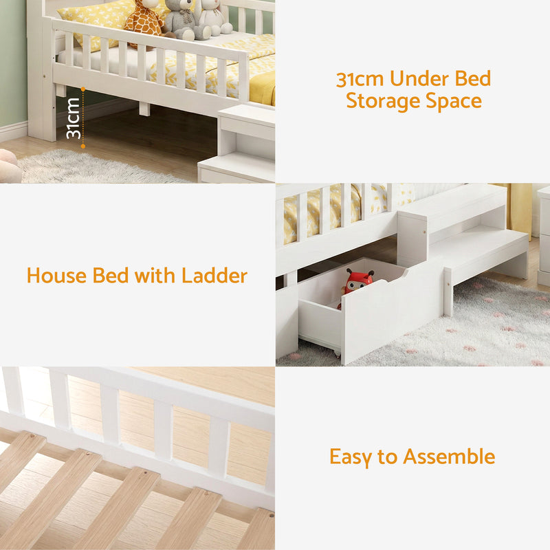 Montessori Single House Bed Frame with Safety Rail, Storage Drawers, LED Lights and USB - White-6