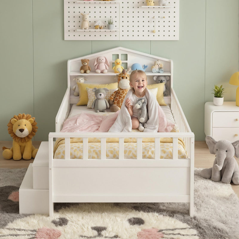 Montessori Single House Bed Frame with Safety Rail, Storage Drawers, LED Lights and USB - White-2