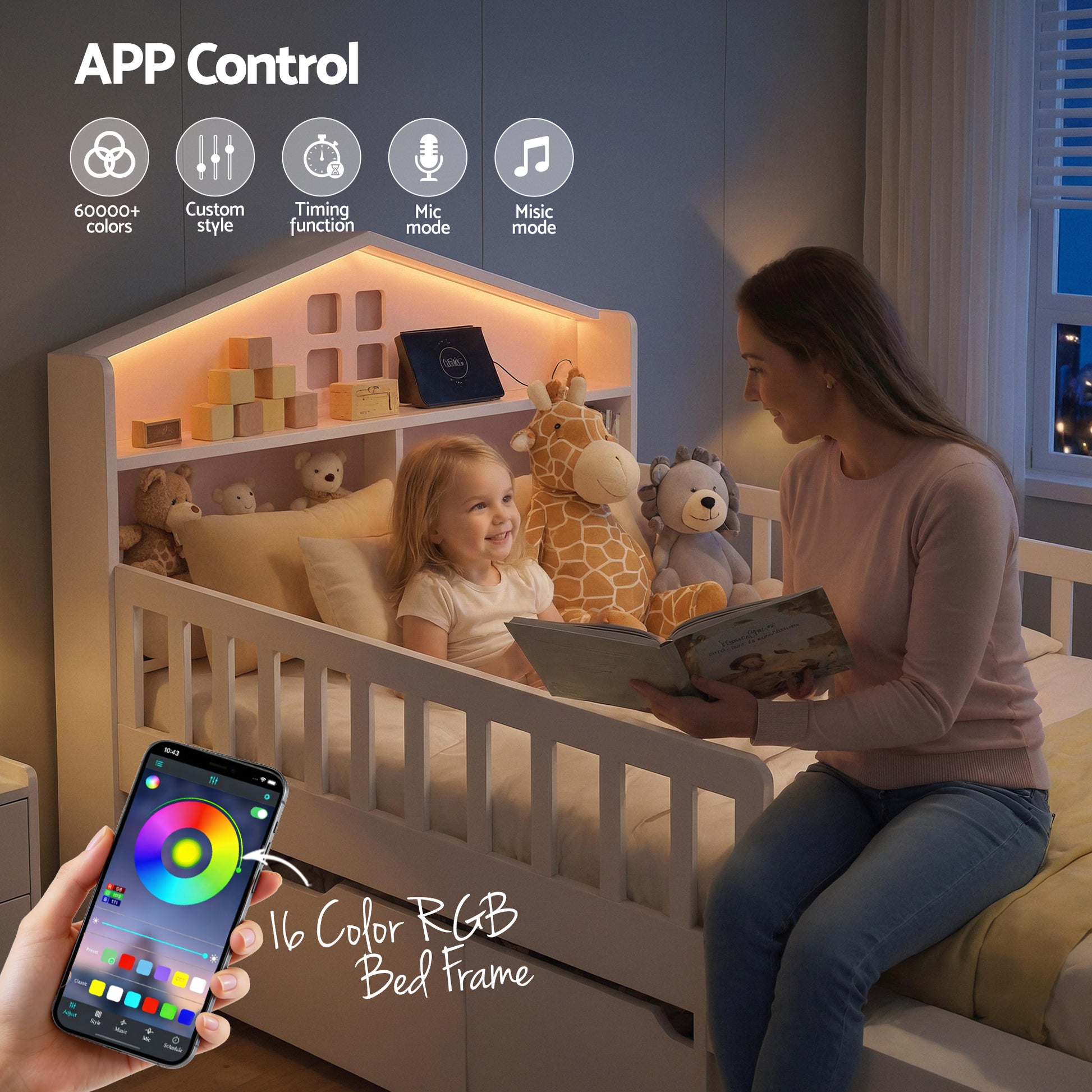 Montessori Single House Bed Frame with Safety Rail, Storage Drawers, LED Lights and USB - White-10