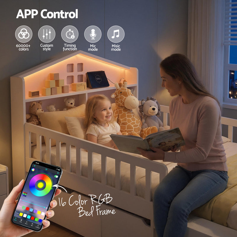 Montessori Single House Bed Frame with Safety Rail, Storage Drawers, LED Lights and USB - White-10