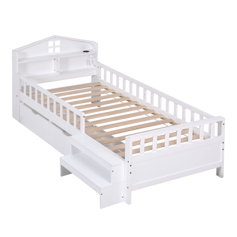Montessori Single House Bed Frame with Safety Rail, Storage Drawers, LED Lights and USB - White-9