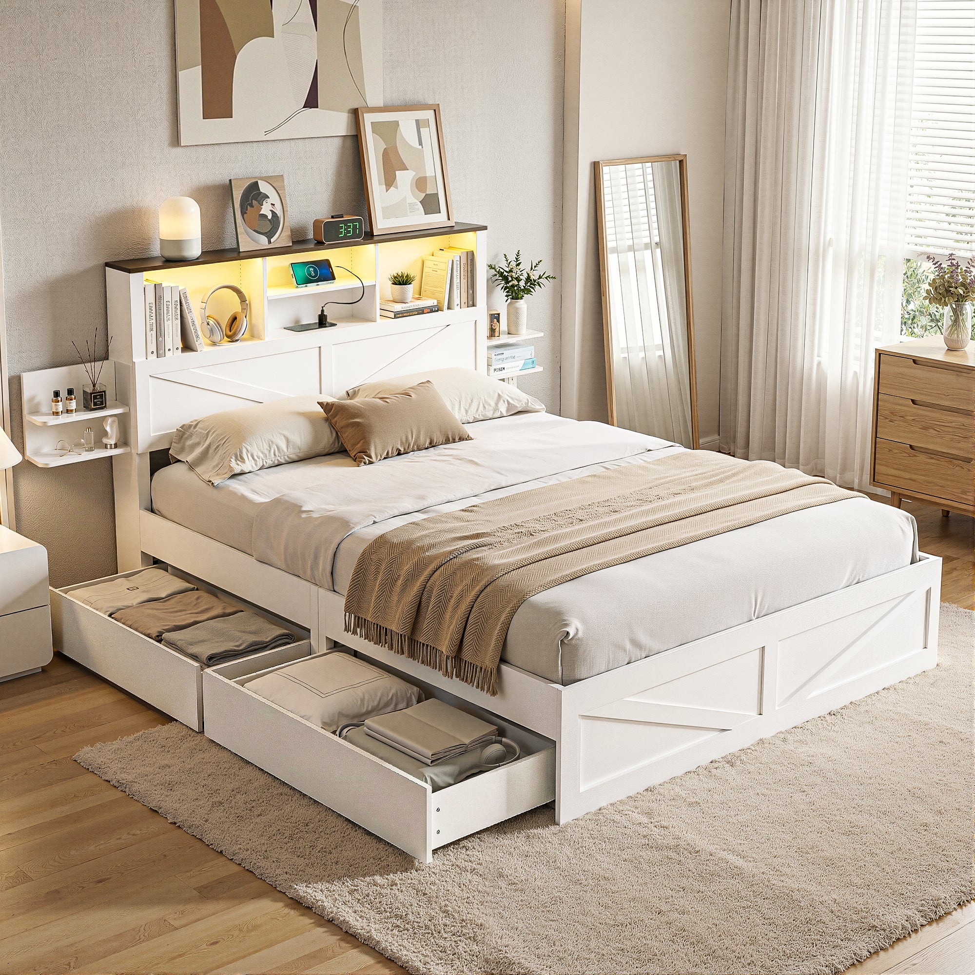 Lennox Double Bed Frame with Storage Headboard, LED Lights and USB Charging - White