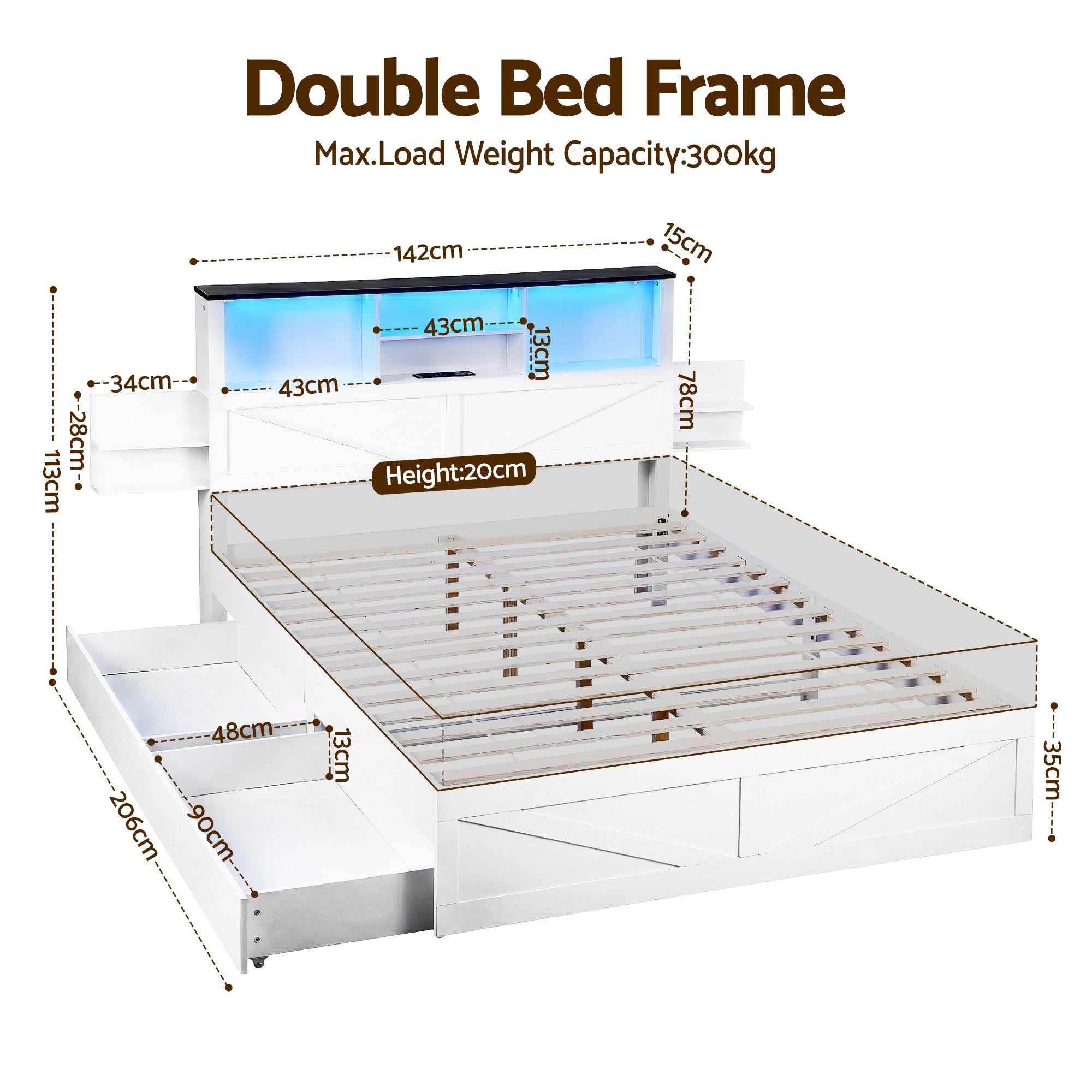 Lennox Double Bed Frame with Storage Headboard, LED Lights and USB Charging - White
