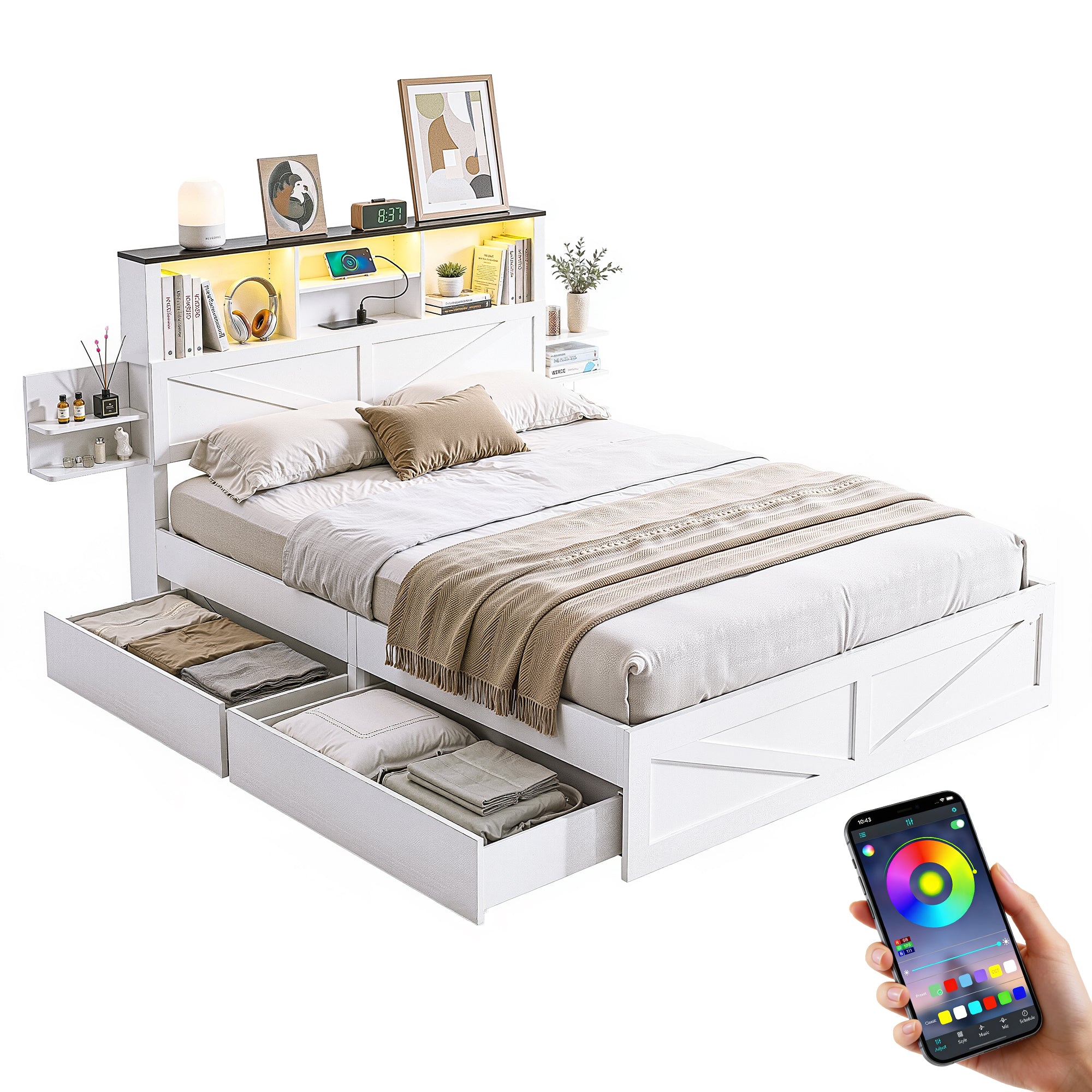 Lennox Double Bed Frame with Storage Headboard, LED Lights and USB Charging - White