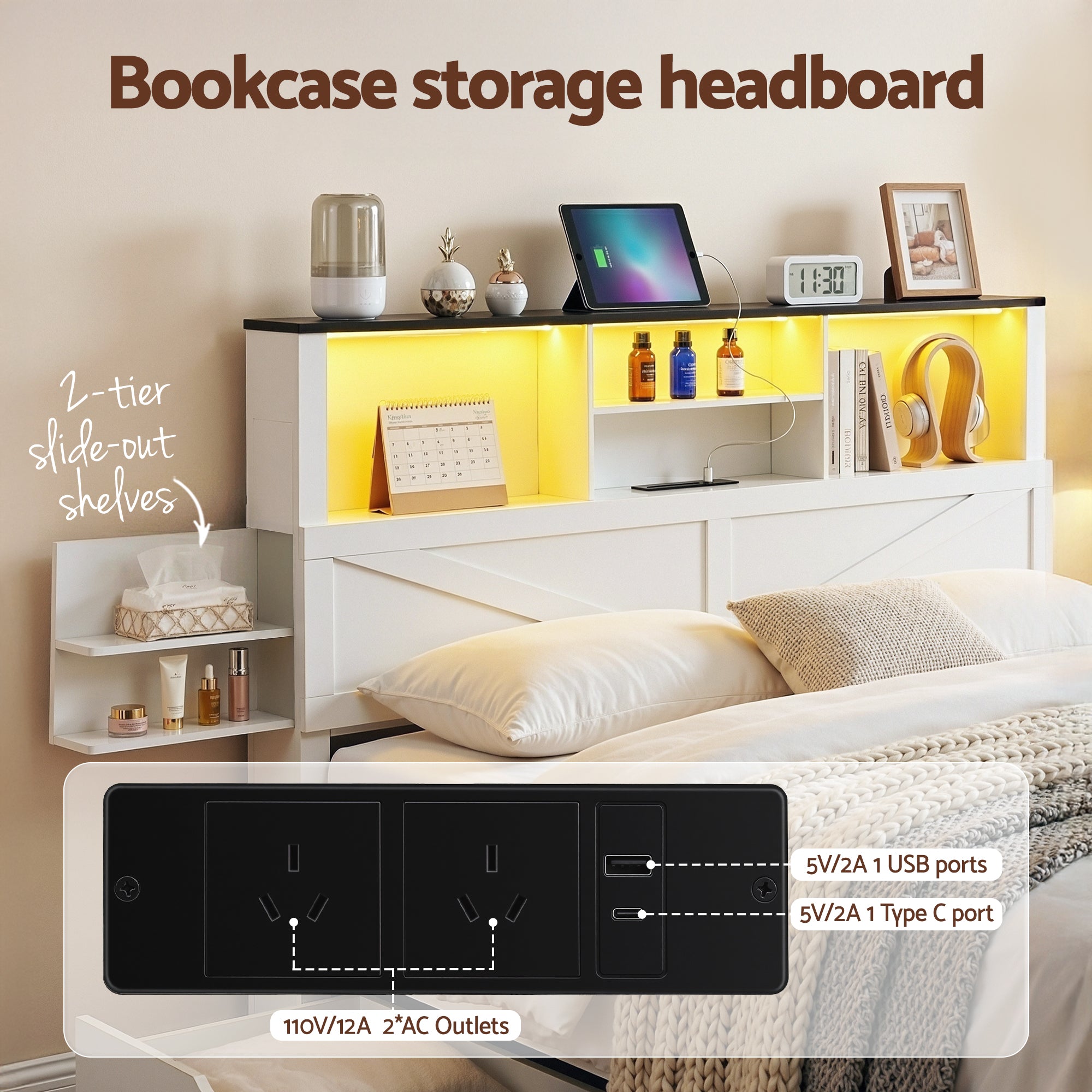 Lennox Queen Bed Frame with Storage Headboard, LED Lights and USB Charging - White