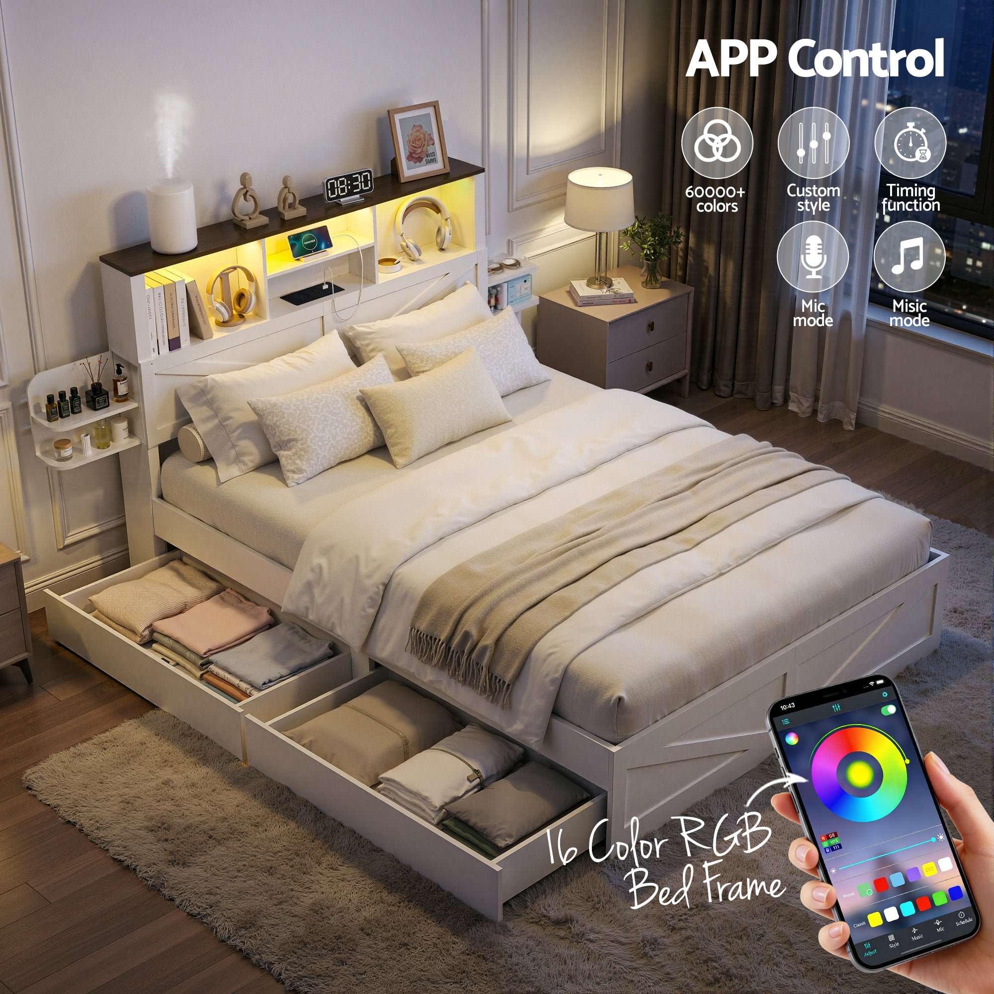Lennox Queen Bed Frame with Storage Headboard, LED Lights and USB Charging - White