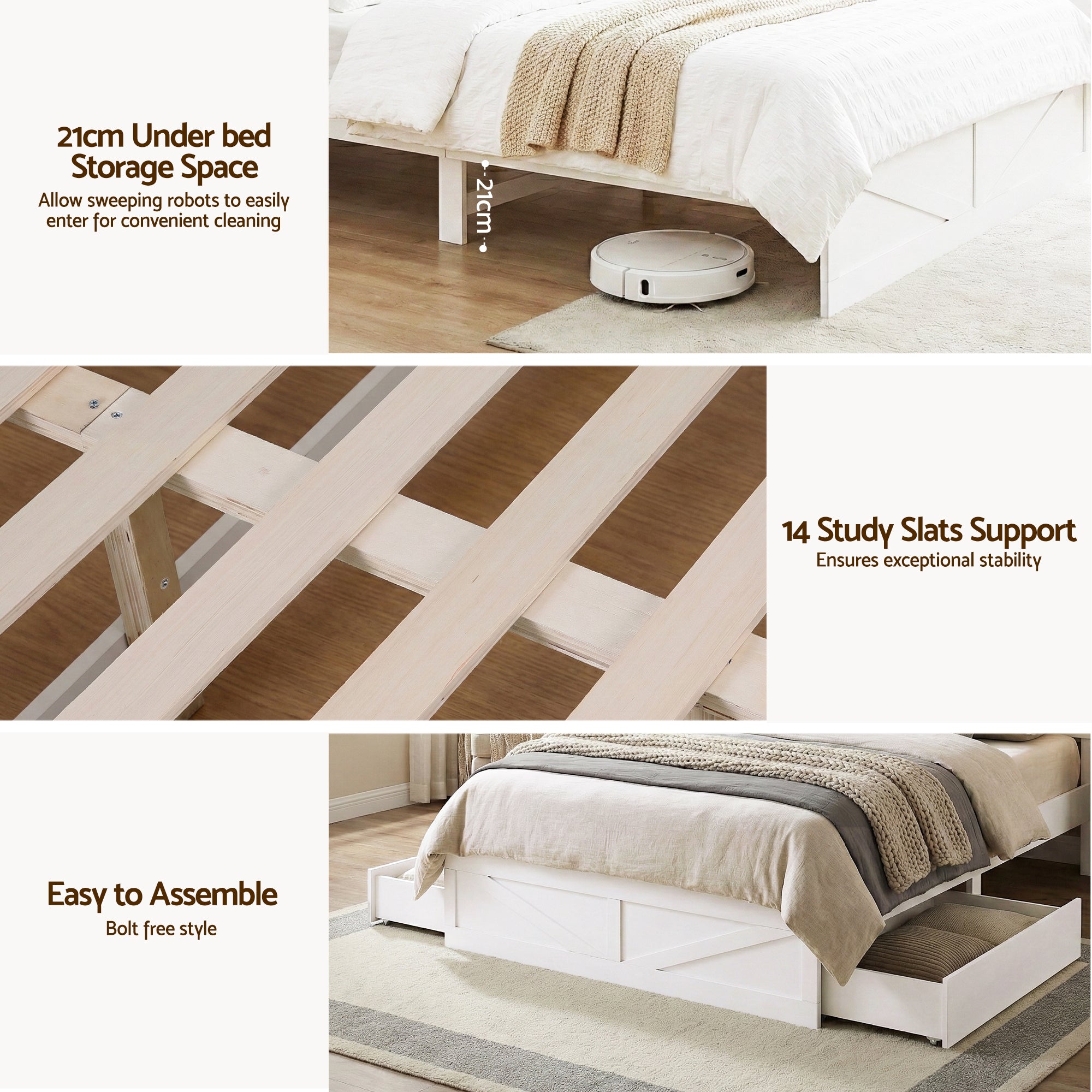 Lennox Queen Bed Frame with Storage Headboard, LED Lights and USB Charging - White
