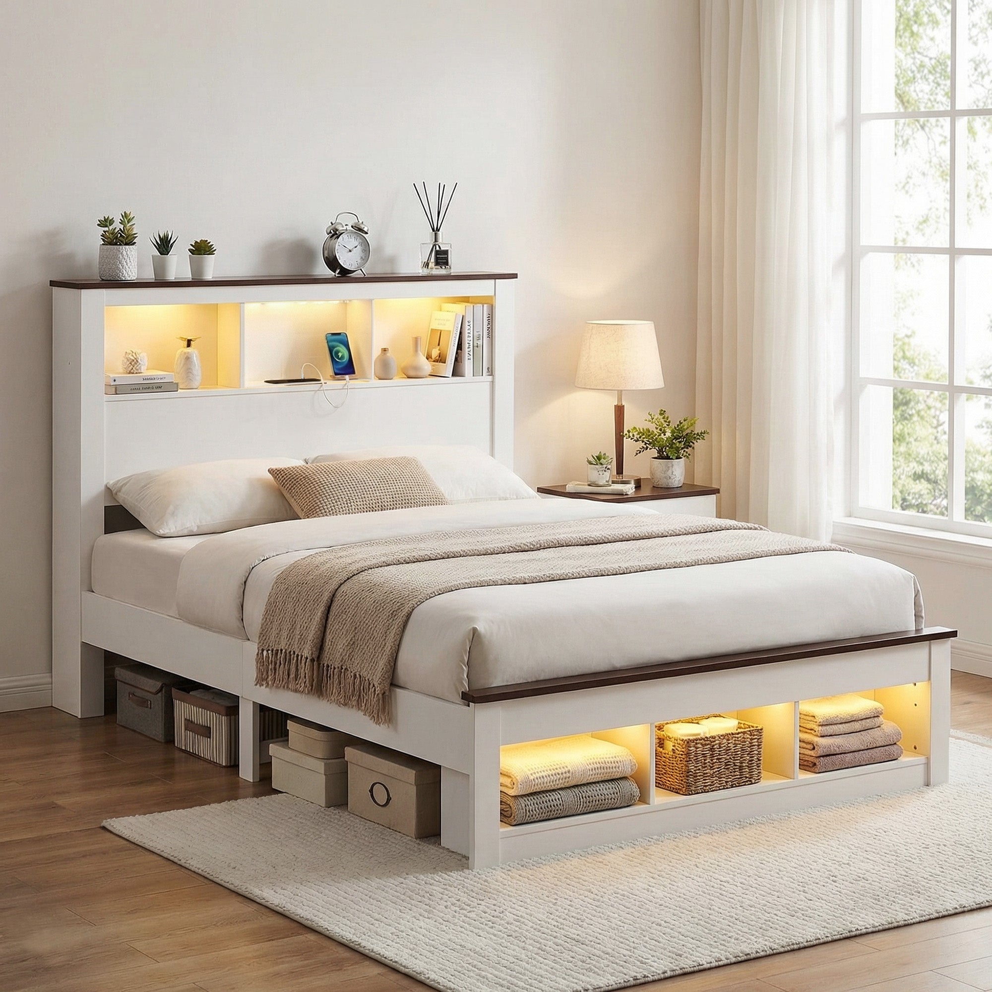 Double Package | Farmhouse Wooden LED Storage Bed Frame White & Serenity Euro Top Mattress (Medium Firm)