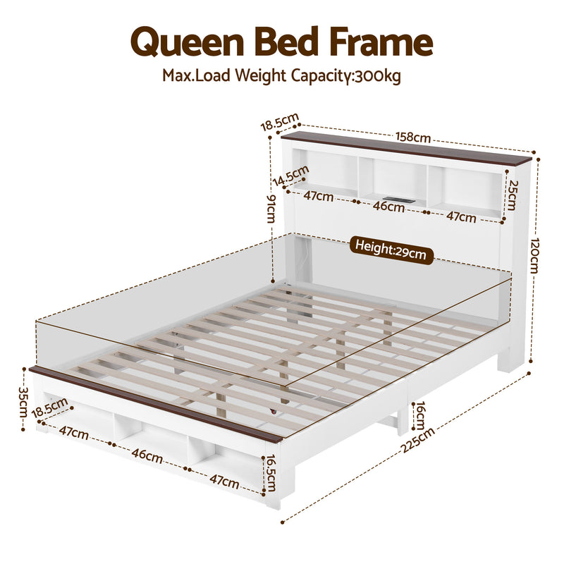 Farmhouse Queen Wooden LED Storage Bed Frame with USB Charging - White-7