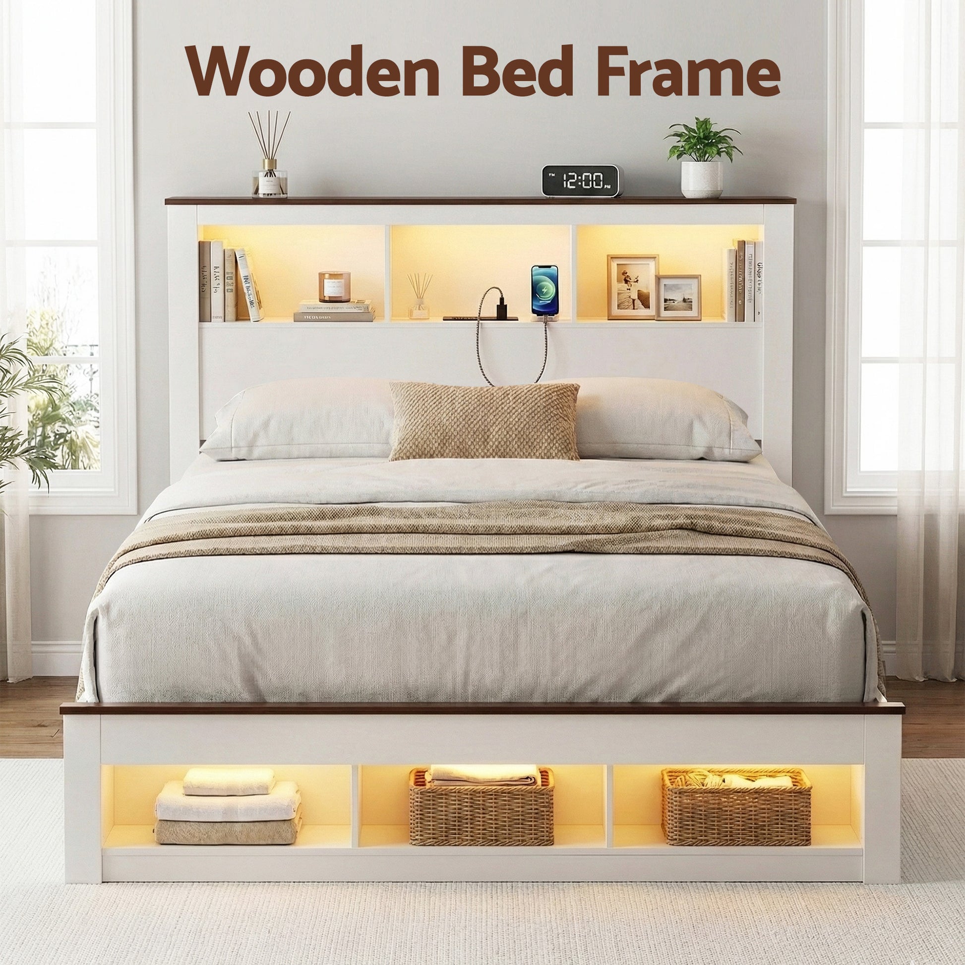 Farmhouse Queen Wooden LED Storage Bed Frame with USB Charging - White-2