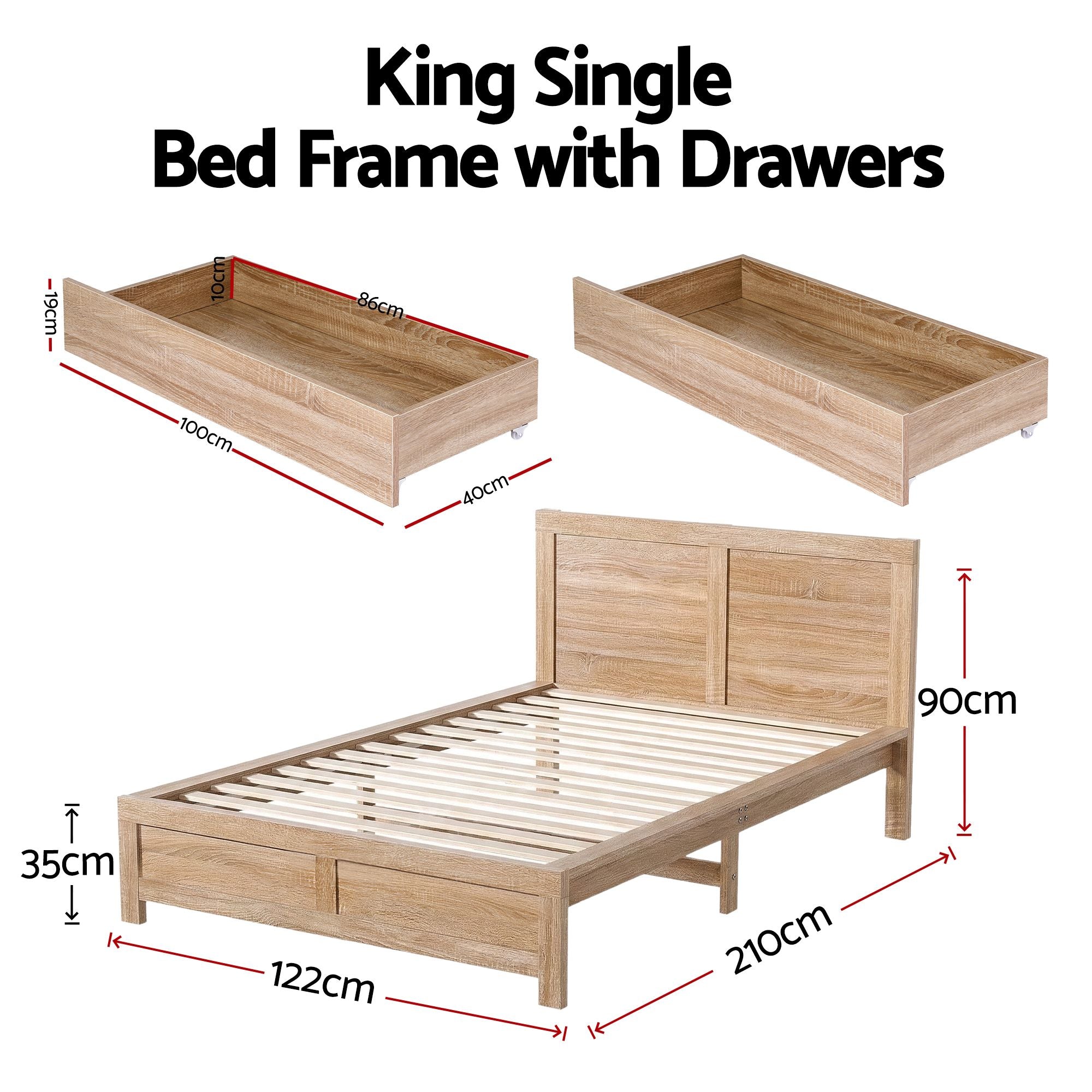 King Single Size Bed Frame with 2 Drawers Bedroom Furniture
