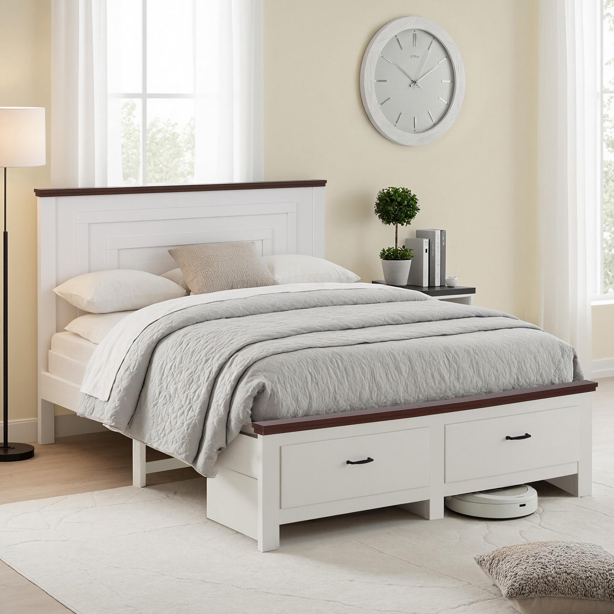 Rawson Queen Bed Frame with Storage Drawers and Tall Headboard - White