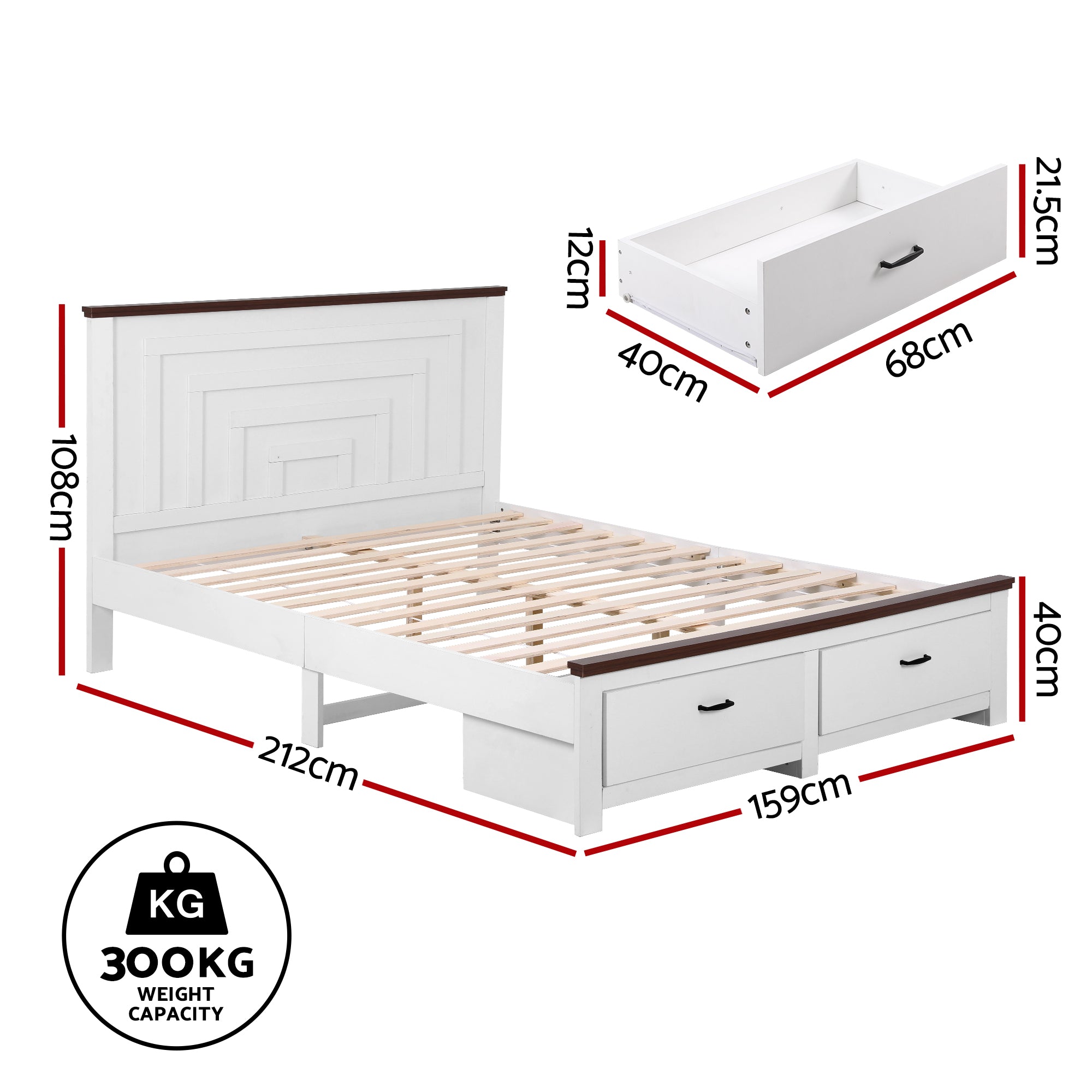 Rawson Queen Bed Frame with Storage Drawers and Tall Headboard - White