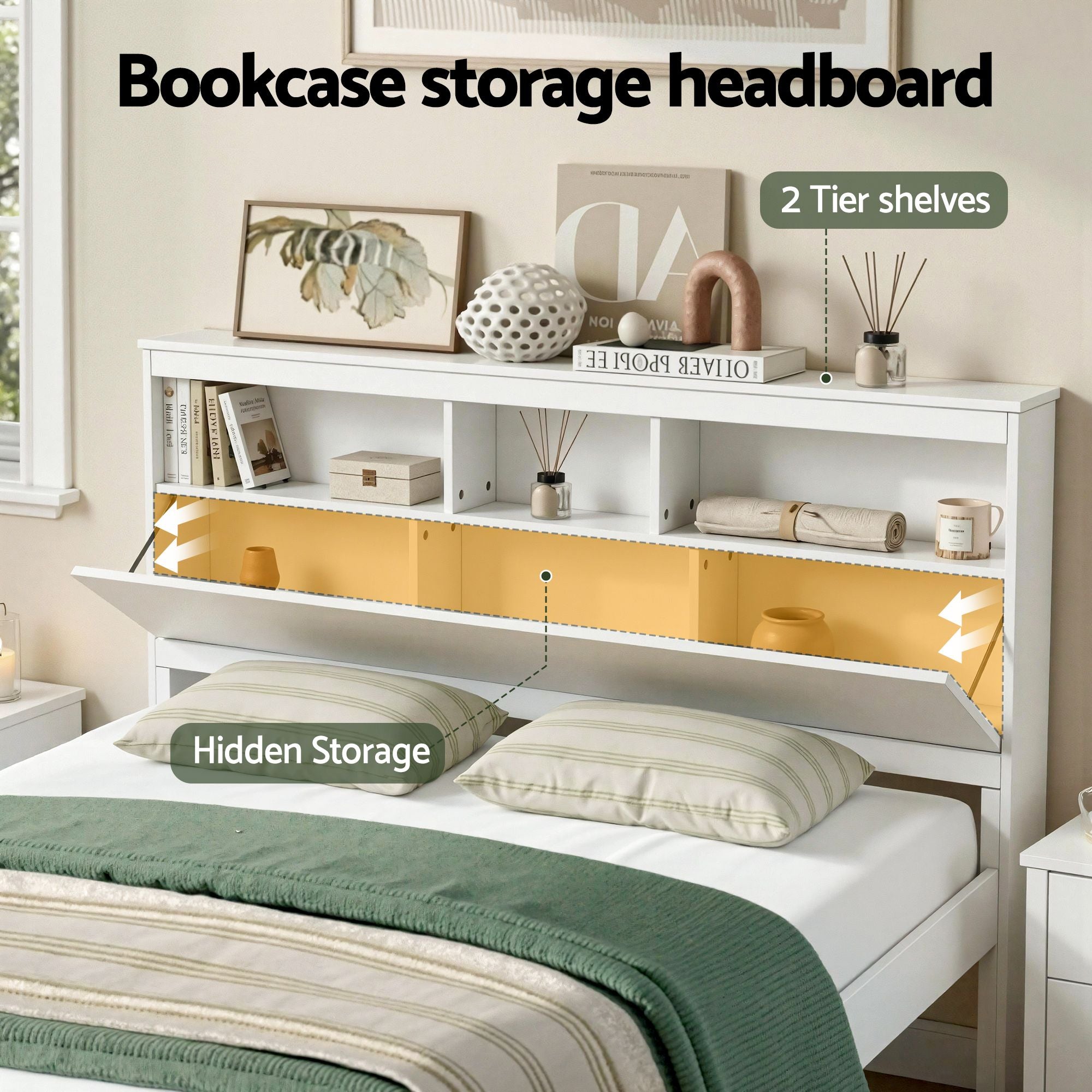 Queen Bed Frame with Storage Headboard and Footboard Wooden Bed Base White