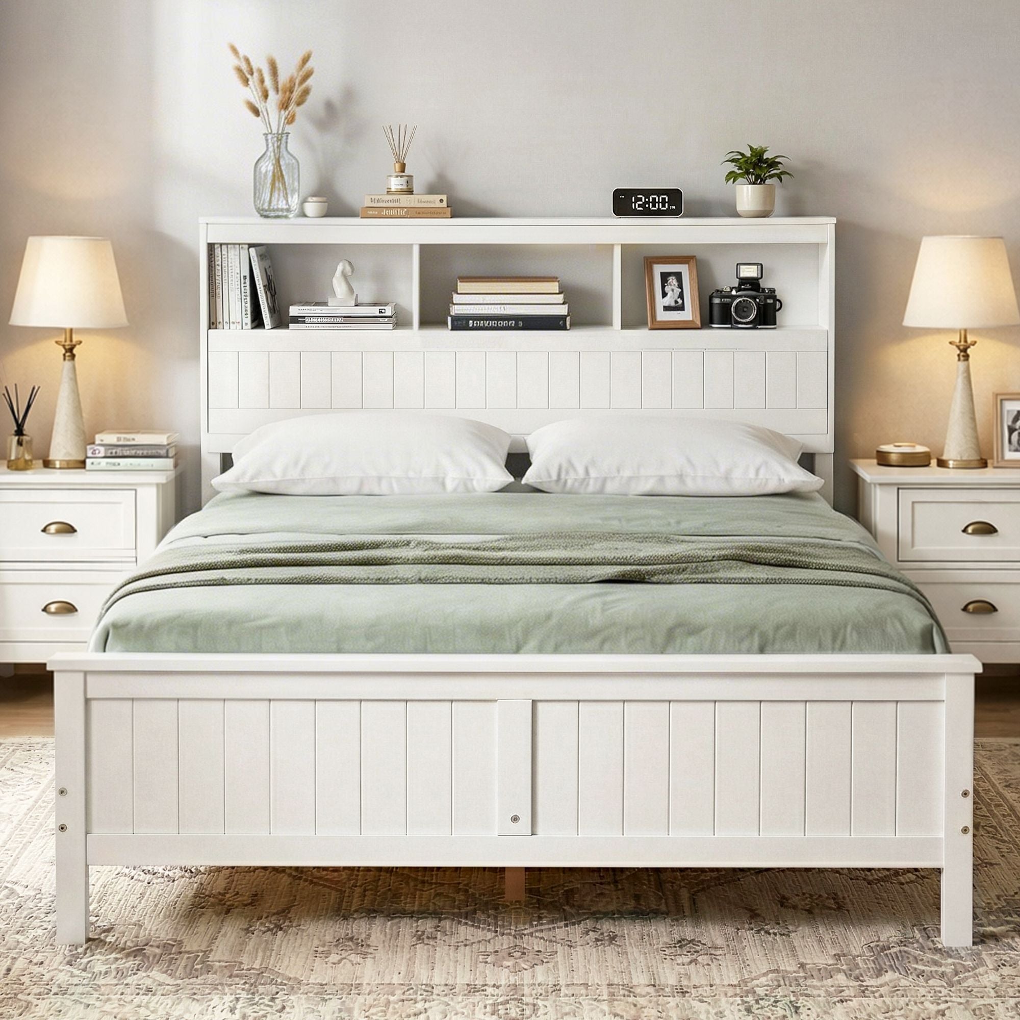 Queen Bed Frame with Storage Headboard and Footboard Wooden Bed Base White