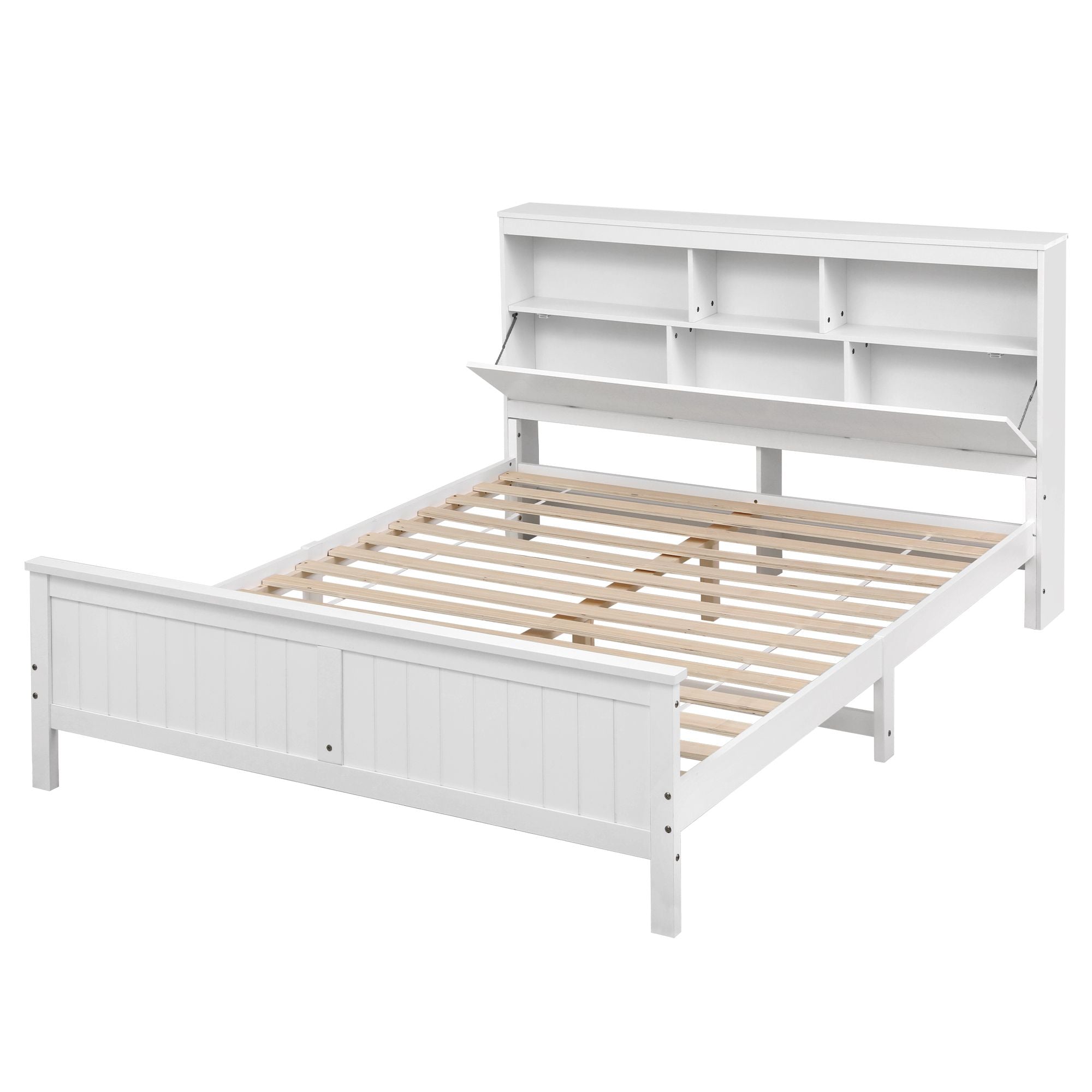 Queen Bed Frame with Storage Headboard and Footboard Wooden Bed Base White