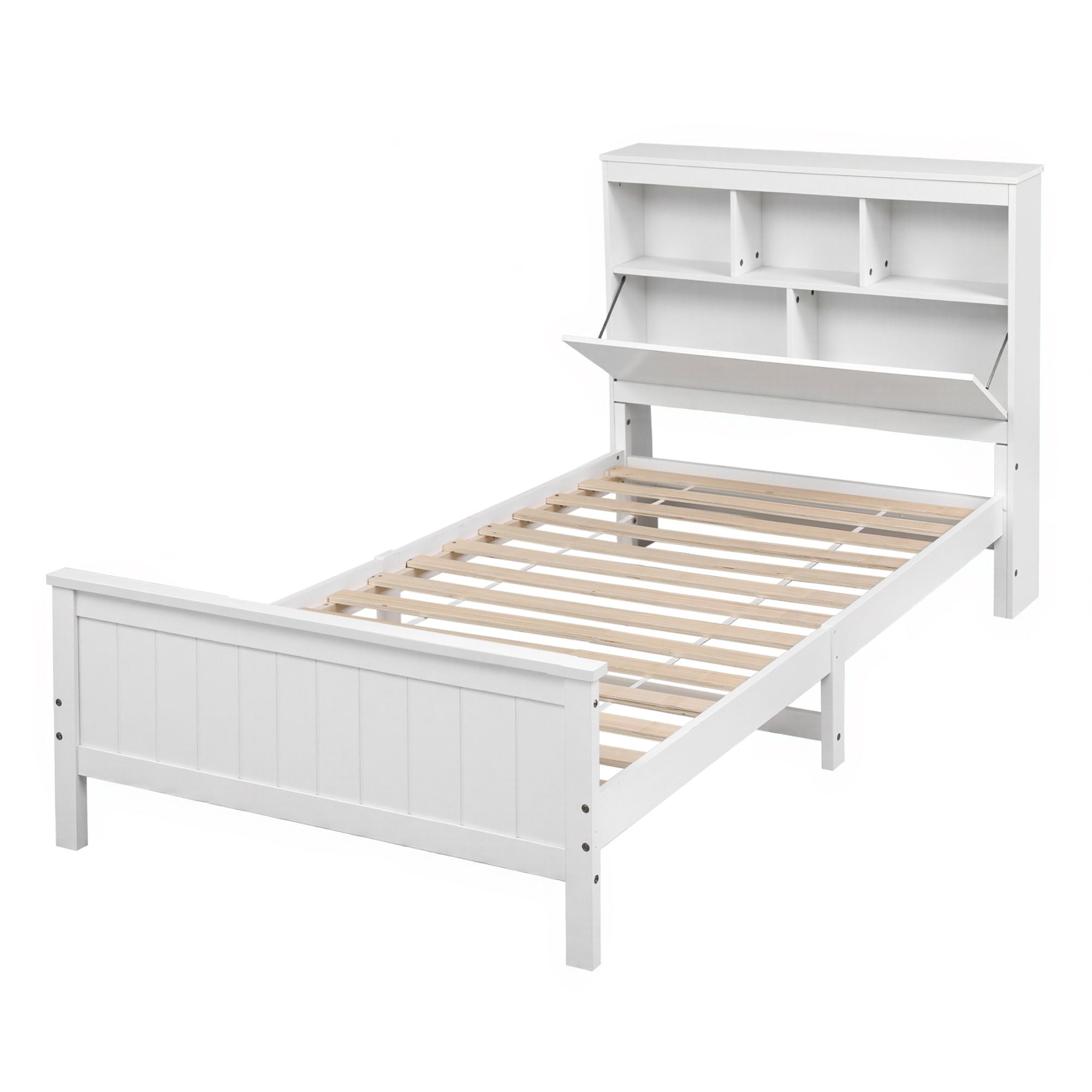 Single Bed Frame with Storage Headboard and Footboard Wooden Bed Base White