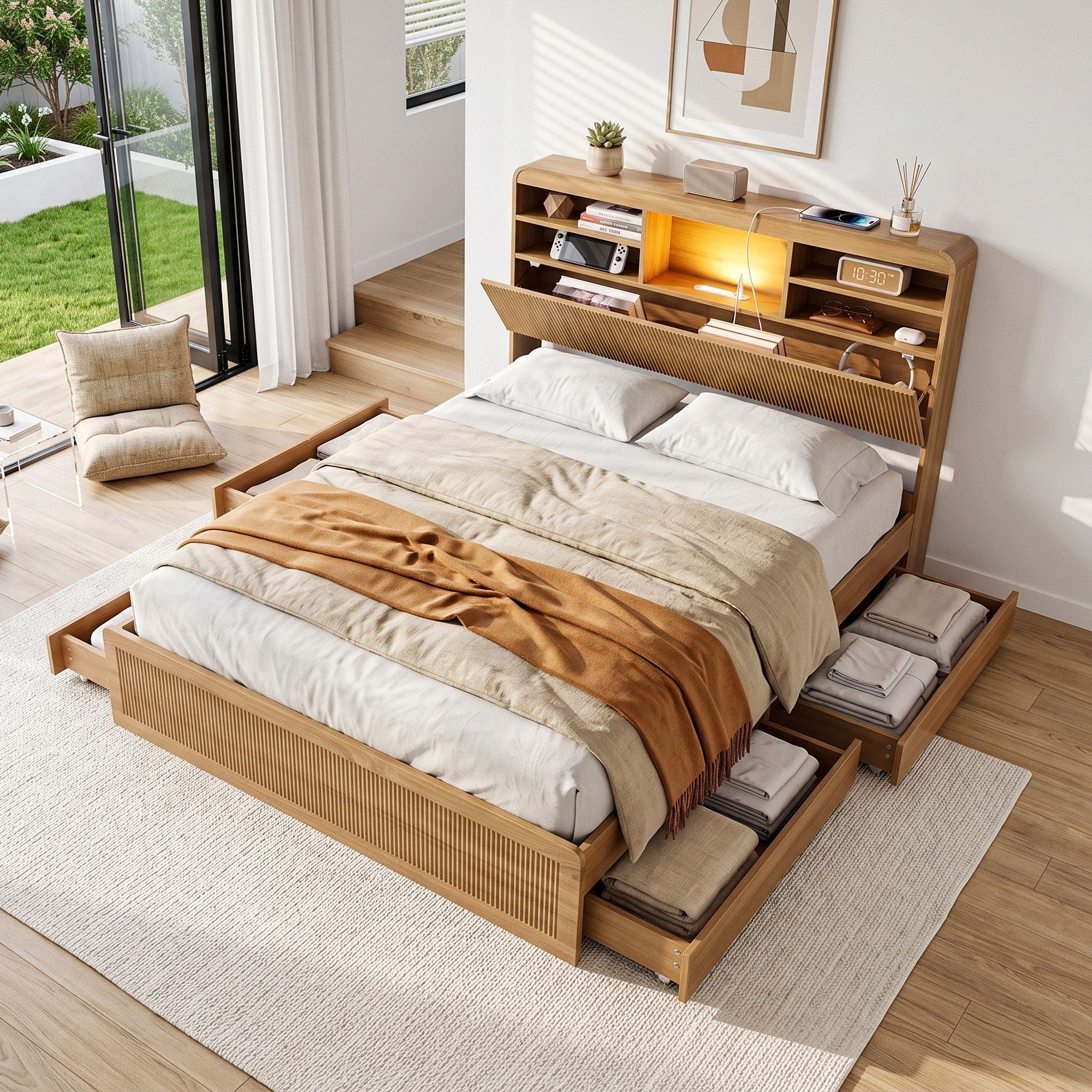Double Bed Frame with 4 Storage Drawers, USB Ports & Night Light - Natural