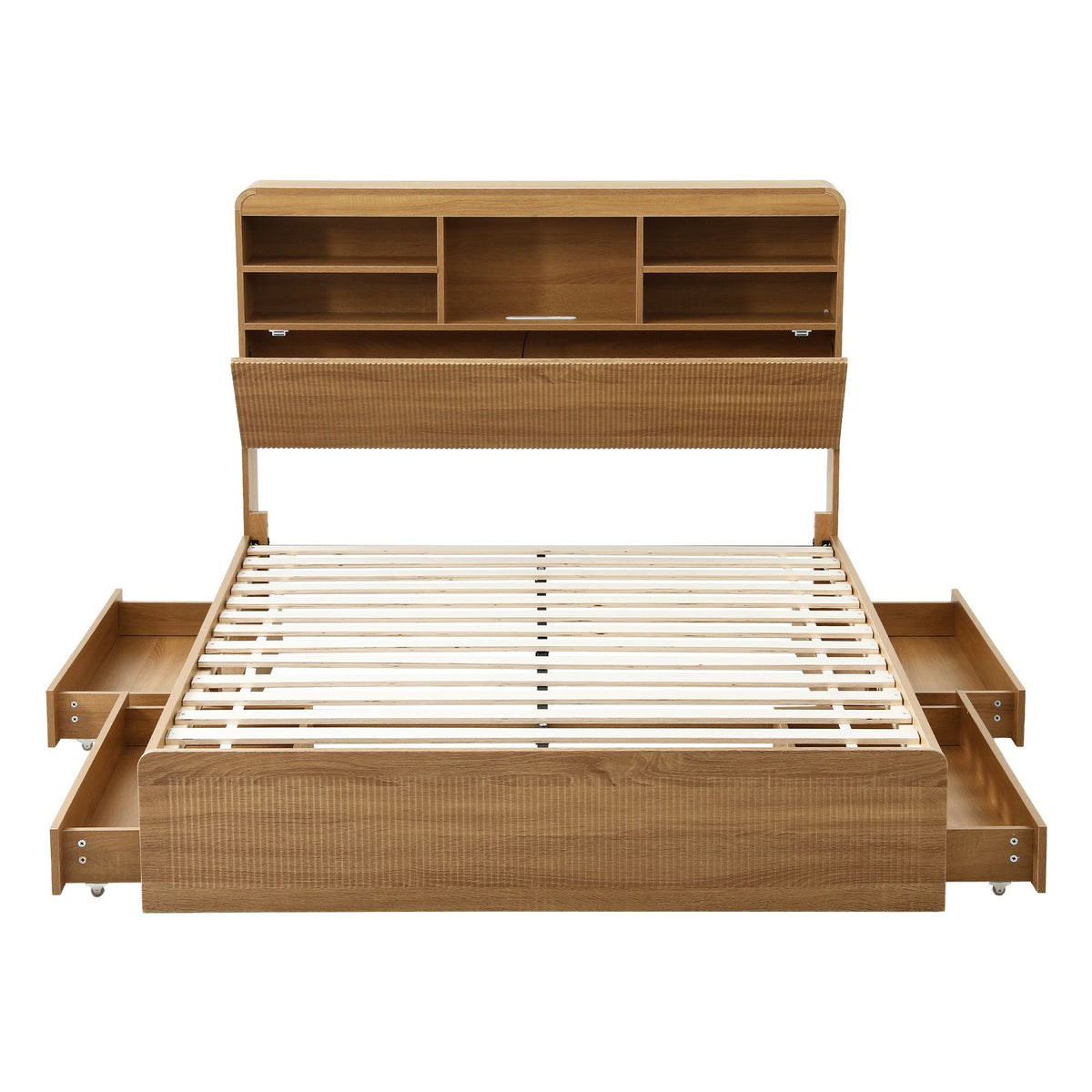 Double Bed Frame with 4 Storage Drawers, USB Ports & Night Light - Natural