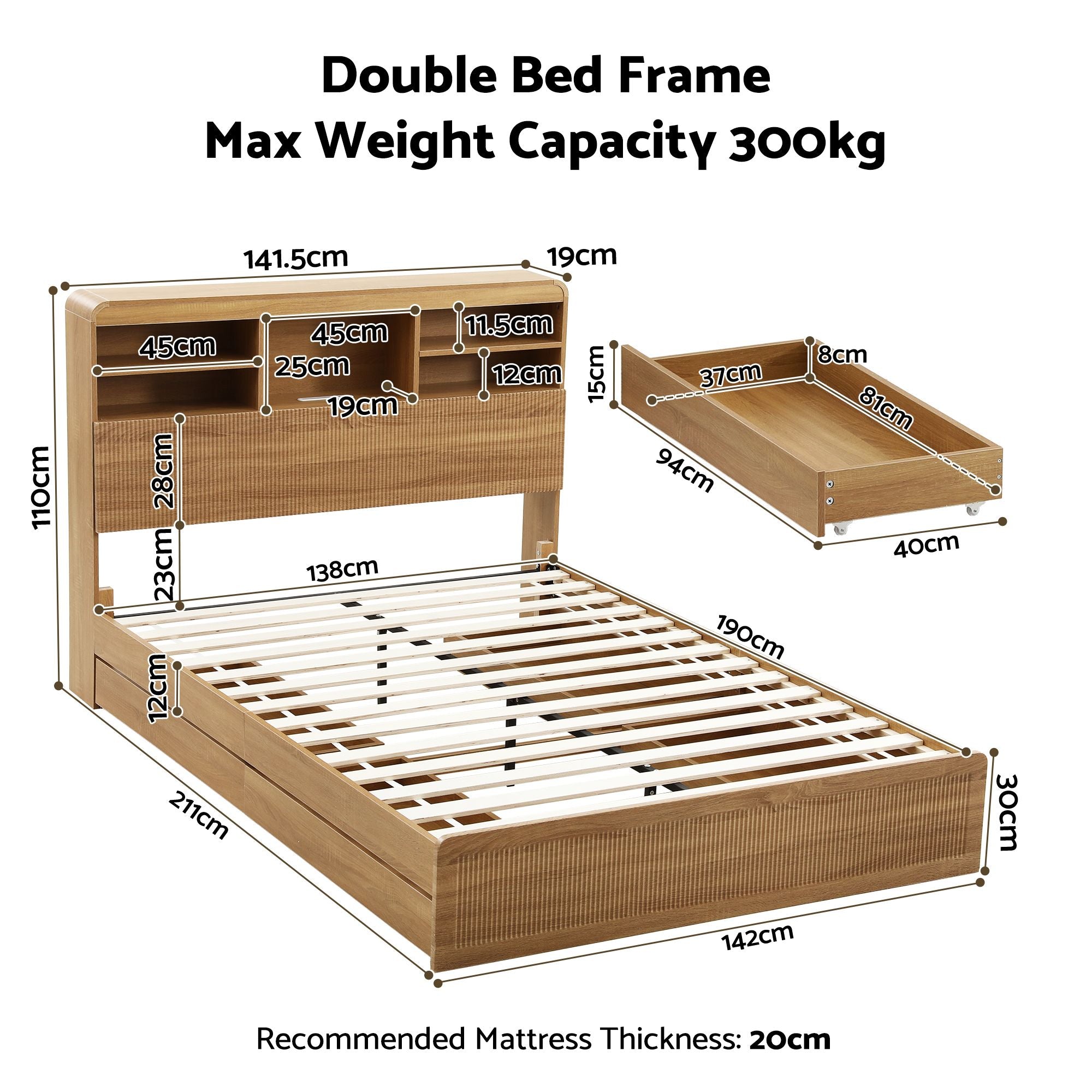 Double Bed Frame with 4 Storage Drawers, USB Ports & Night Light - Natural