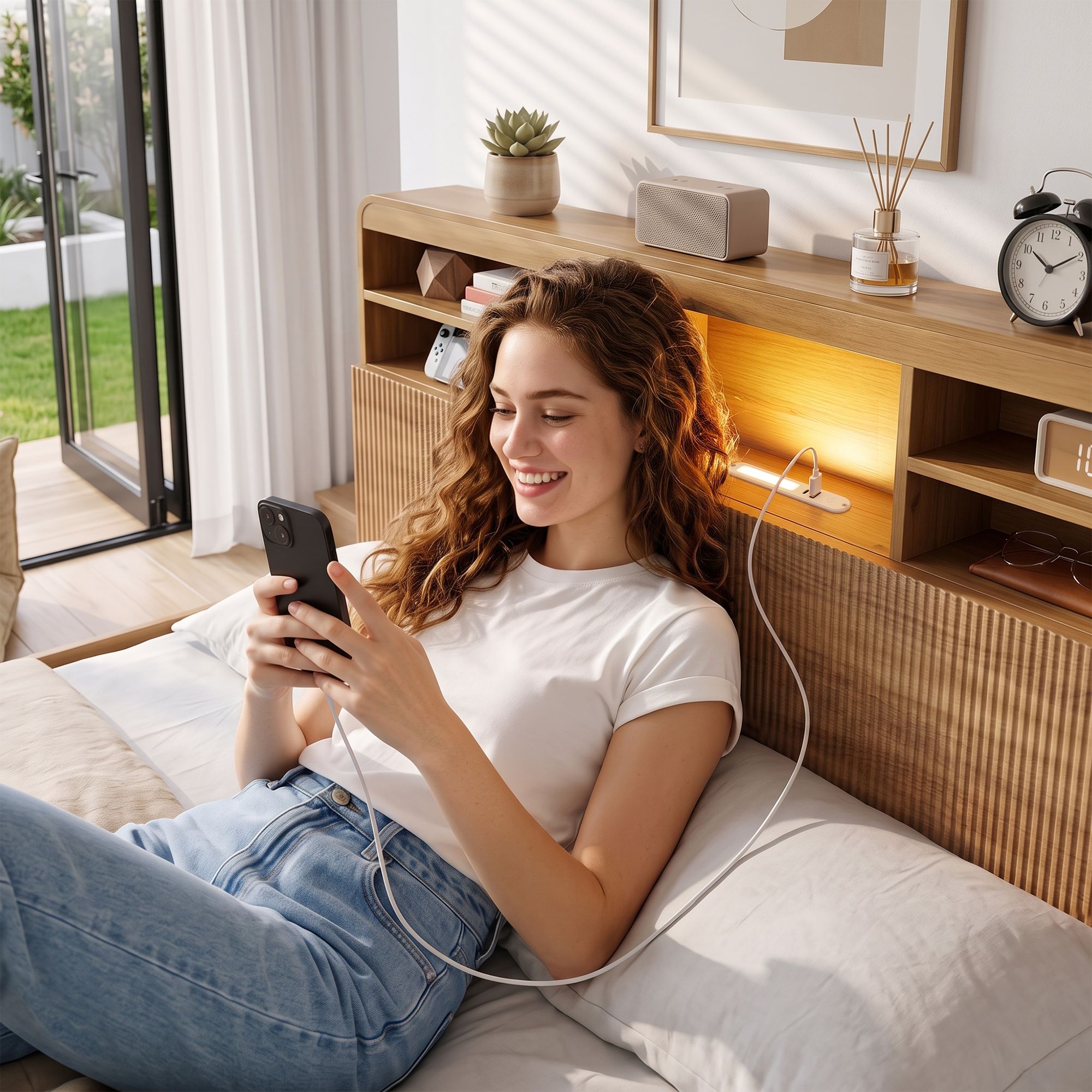 Double Bed Frame with 4 Storage Drawers, USB Ports & Night Light - Natural