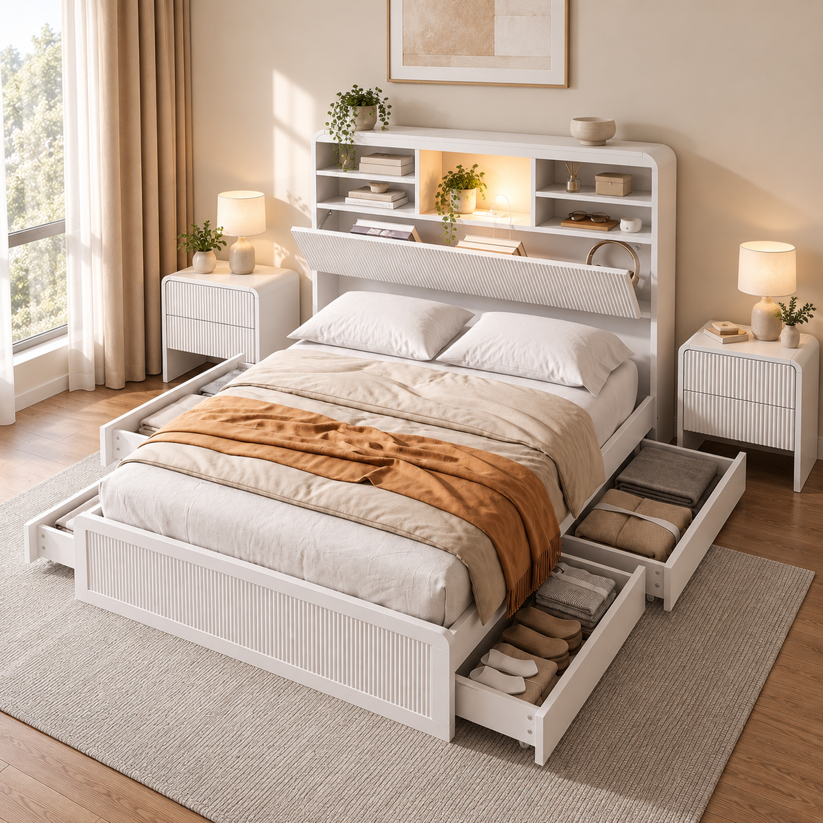 King Single Bed Frame with 4 Storage Drawers and 2 Bedside Tables