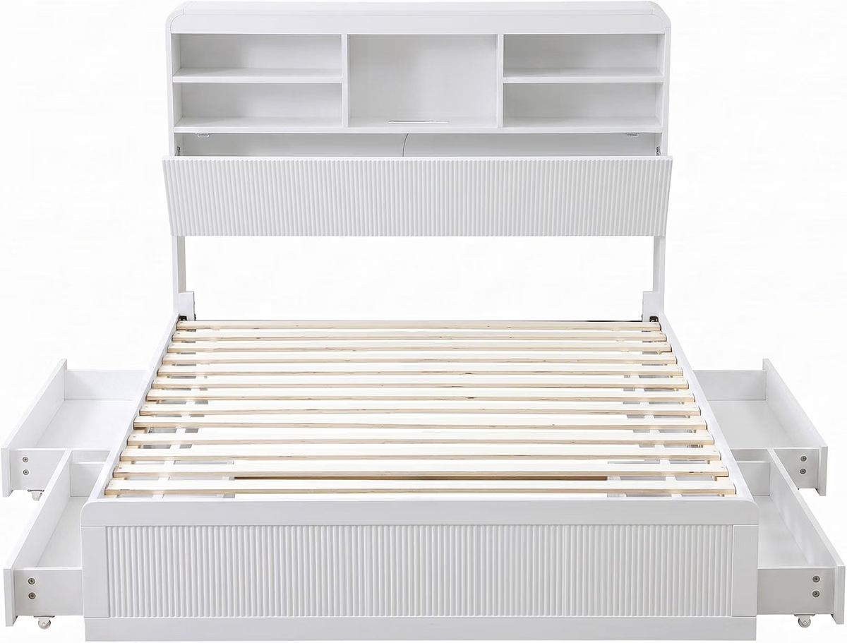 King Single Bed Frame with 4 Storage Drawers and 2 Bedside Tables