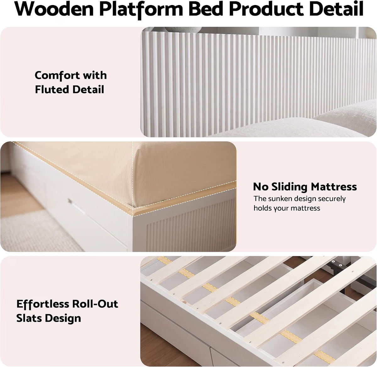 King Single Bed Frame with 4 Storage Drawers and 2 Bedside Tables