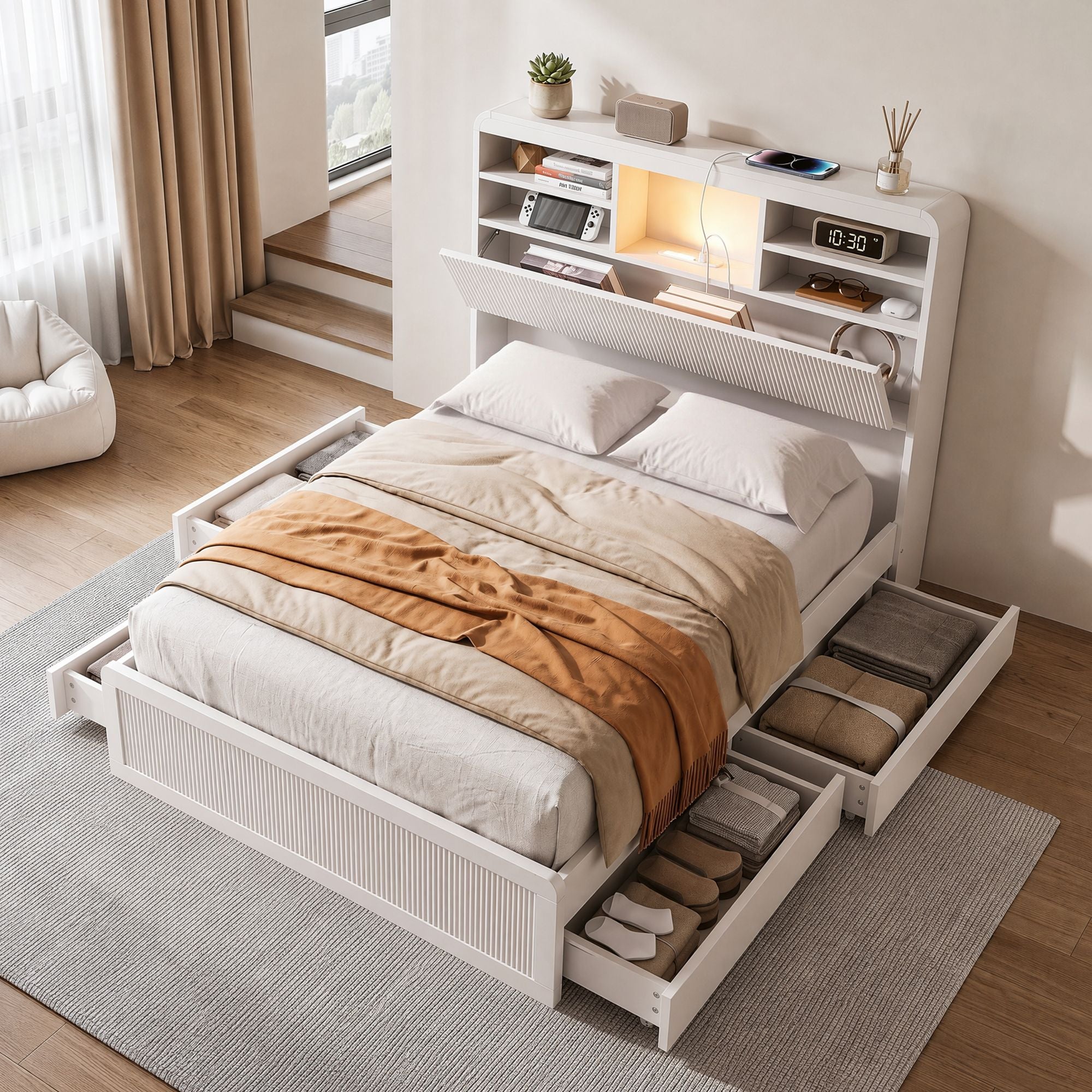 King Single Bed Frame with 4 Storage Drawers, USB Ports & Night Light - White
