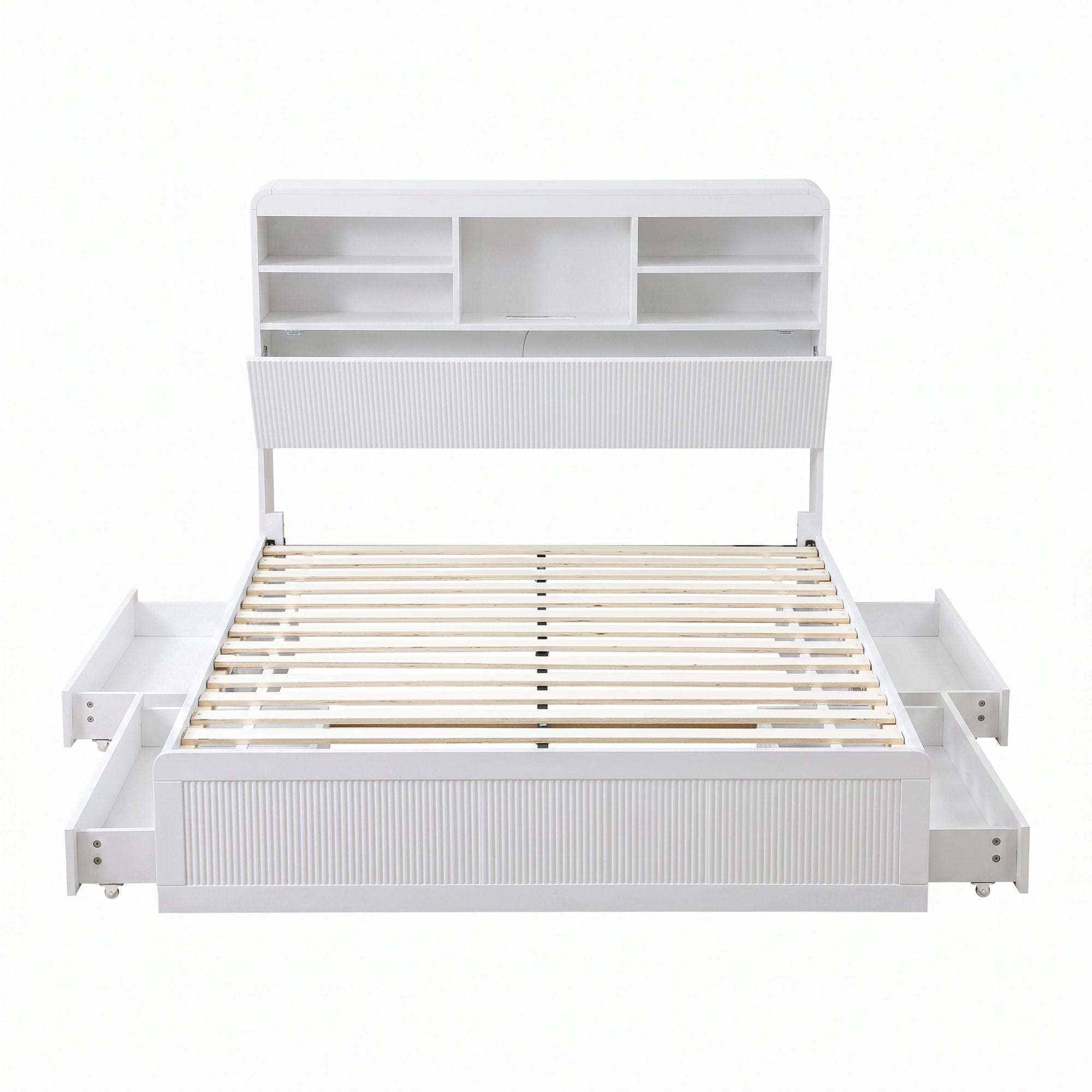 King Single Bed Frame with 4 Storage Drawers, USB Ports & Night Light - White