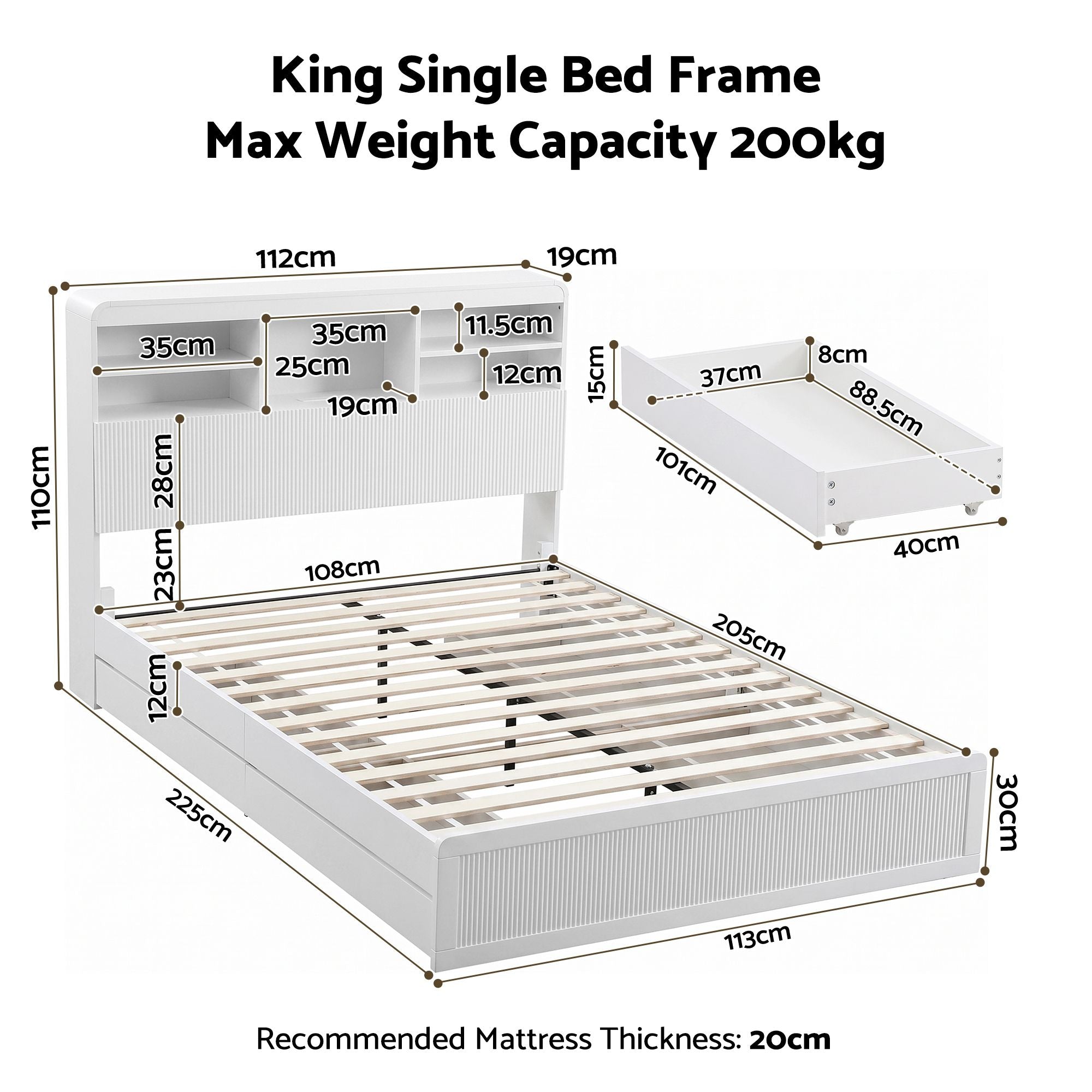 King Single Bed Frame with 4 Storage Drawers, USB Ports & Night Light - White