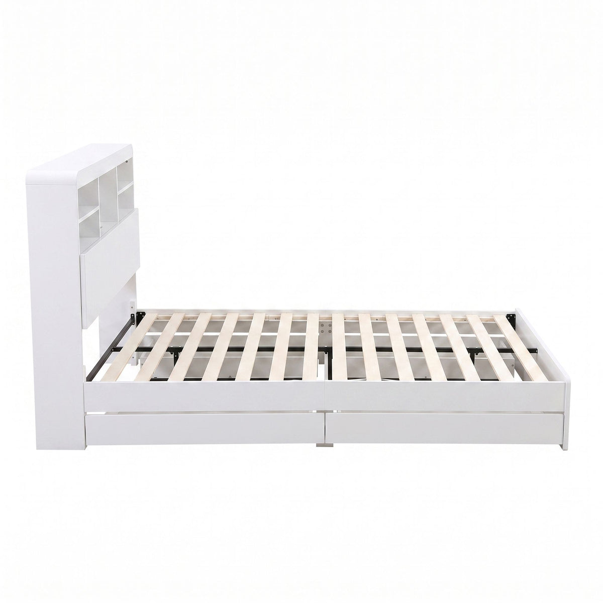 King Single Bed Frame with 4 Storage Drawers, USB Ports & Night Light - White