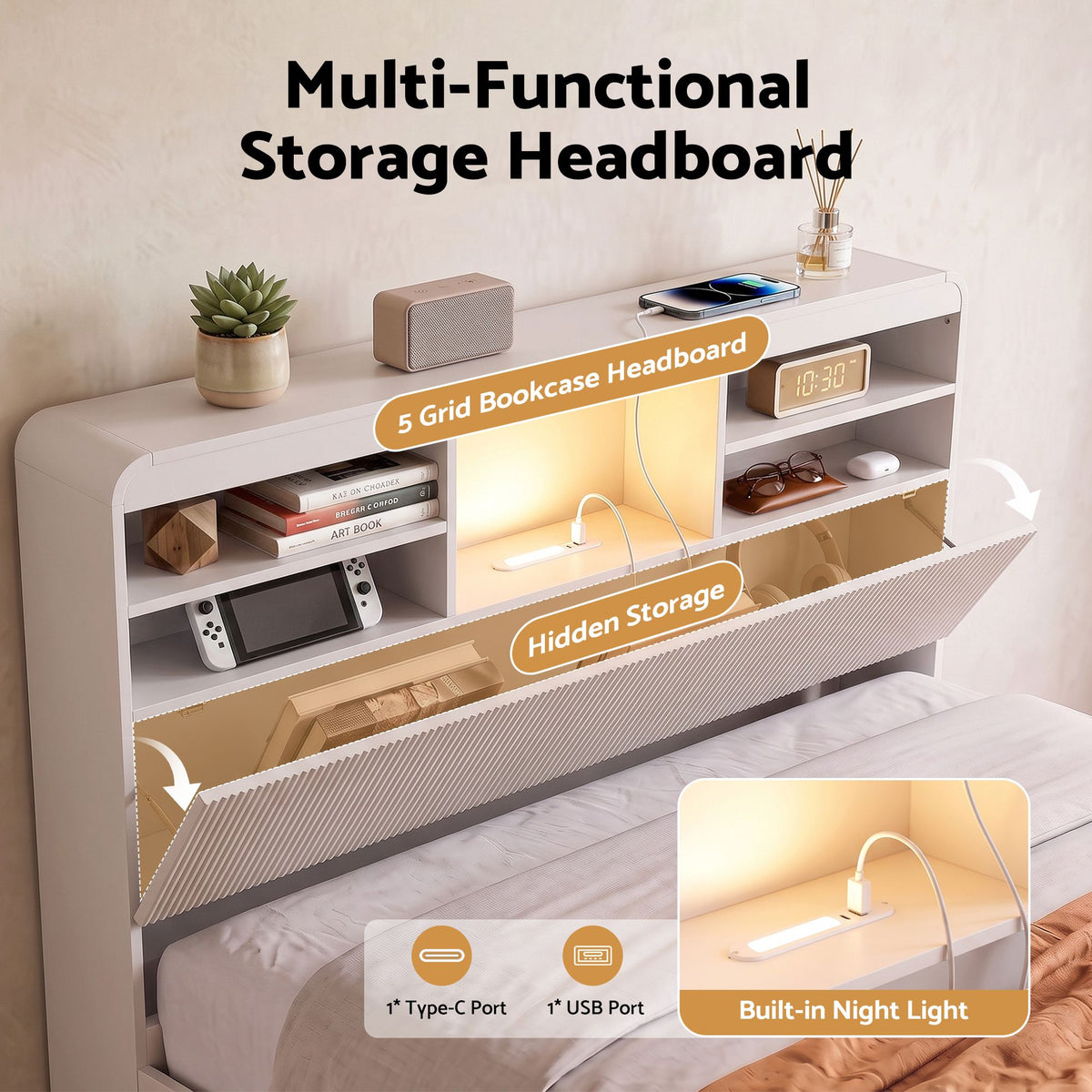 King Single Bed Frame with 4 Storage Drawers, USB Ports & Night Light - White